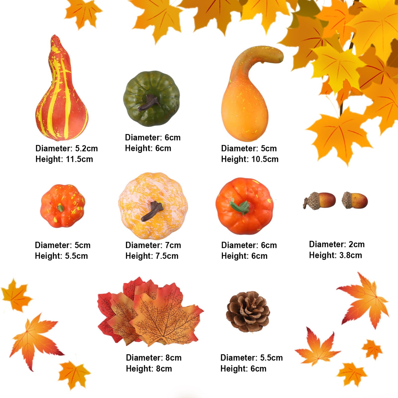 Drhomeam Halloween Thanksgiving Autumn Decoration Foam Pumpkins, 50pcs/ 70pcs/ 86pcs Silk Maple Leaves, Plastic Pinecones and Acorns for Harvest Autumn Season Halloween Thanksgiving Holiday(50pcs)