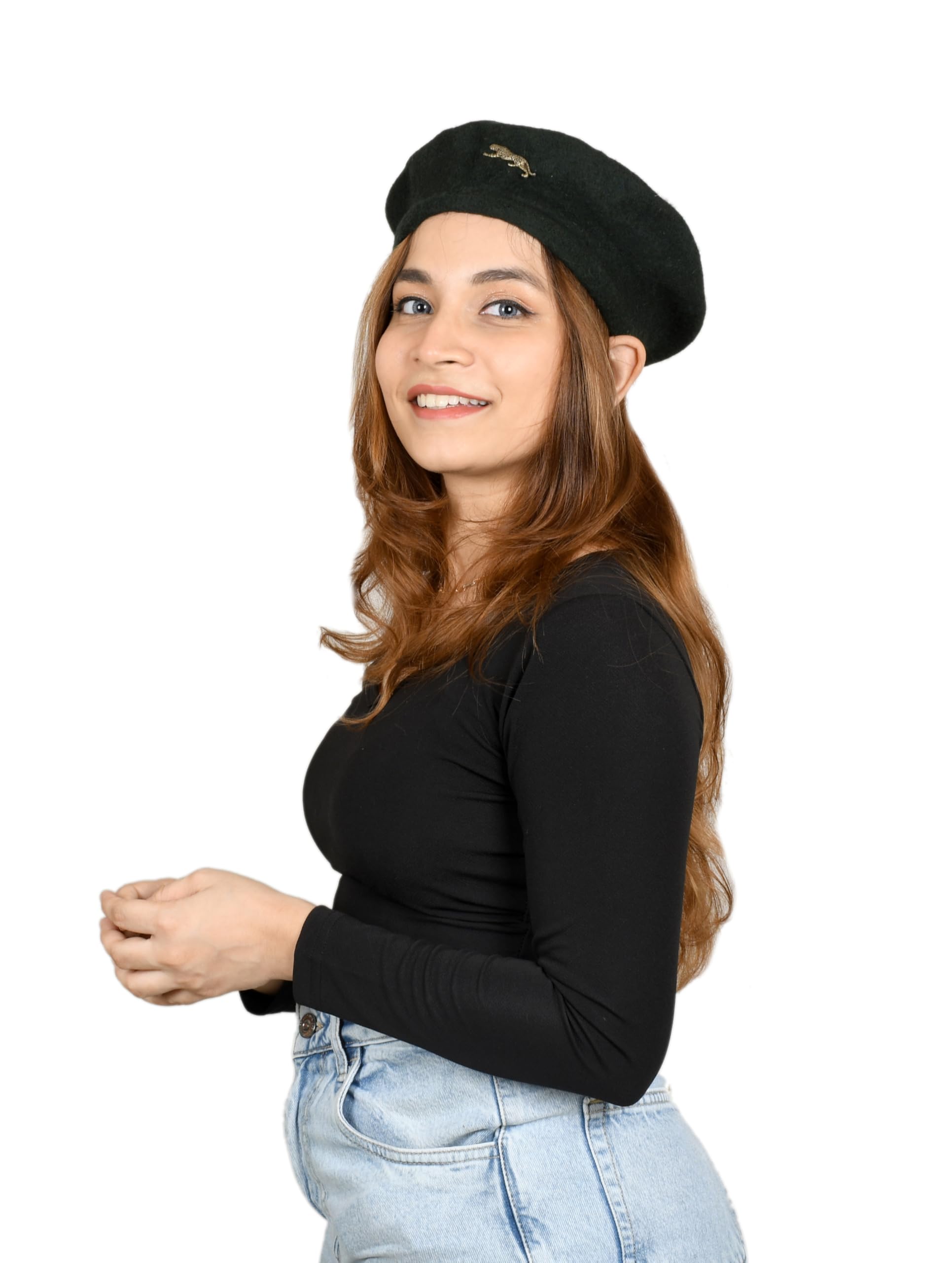 SOUL eTHICS Women's Premium Wool Blend French Artist Beret Cap - Stylish, Warm & Classic - Elegant Winter Beanie Hat for Girls & Ladies -Free Size (in, Alpha, Free Size, Black, Leopard) - Image 6 thumbnail