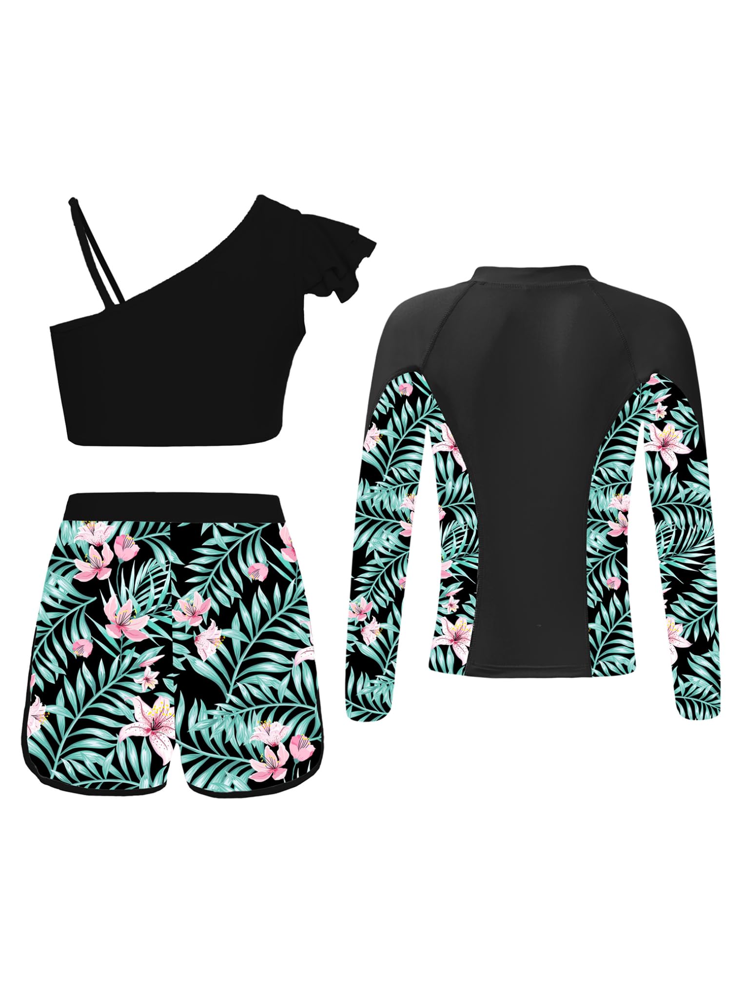 Choomomo Girls Three Pieces Rash Guard Swimsuit Long Sleeves Zip-up Swim Top with Tankini Tops and Swim Shorts Set Swimwear Black 8 Years