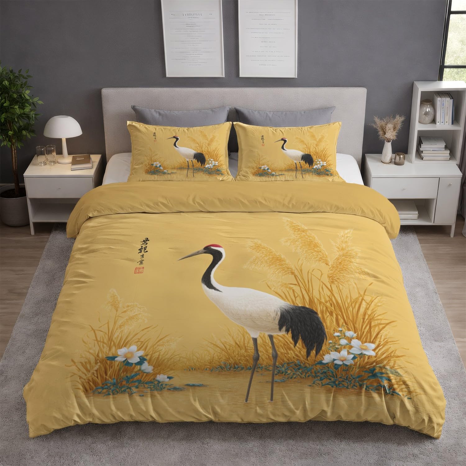 Ogólny zestaw pościeli z mikrofibry z zamkiem błyskawicznym, malarstwo tuszowe, ptak, żółta, wys. 180 x szer. 200 cm z 2 poszewkami na poduszkę 80 x 80 cm, poszewka na poduszkę, miękka, oddychająca