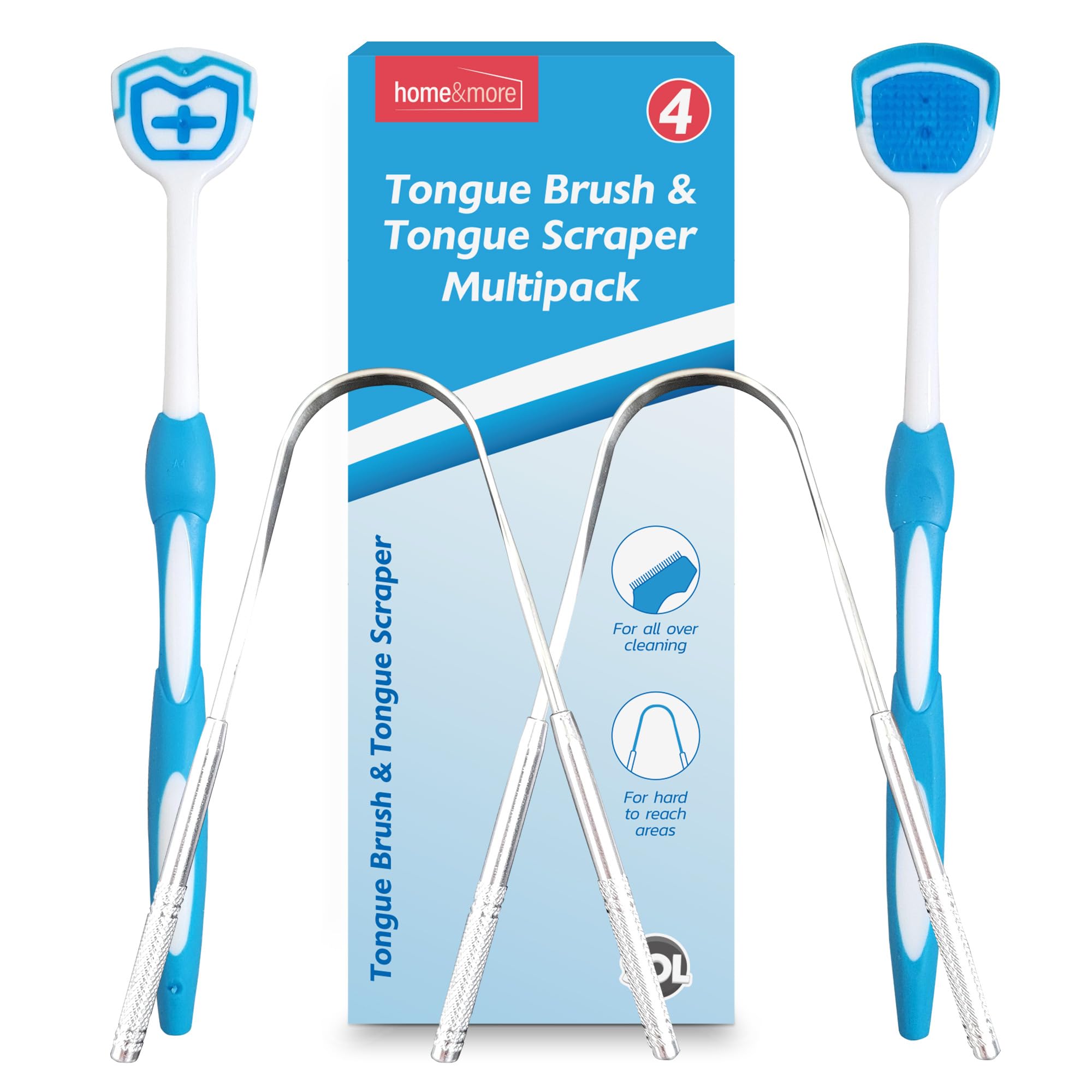 SOL 4pk Tongue Brush and Scraper Multipack, Stainless Steel Metal Tounge Cleaner for Adults, Tough Tung Scrapper, Reduces Bad Breath, Removes Bacteria, Easy to Use for Enhanced Oral Health Hygiene