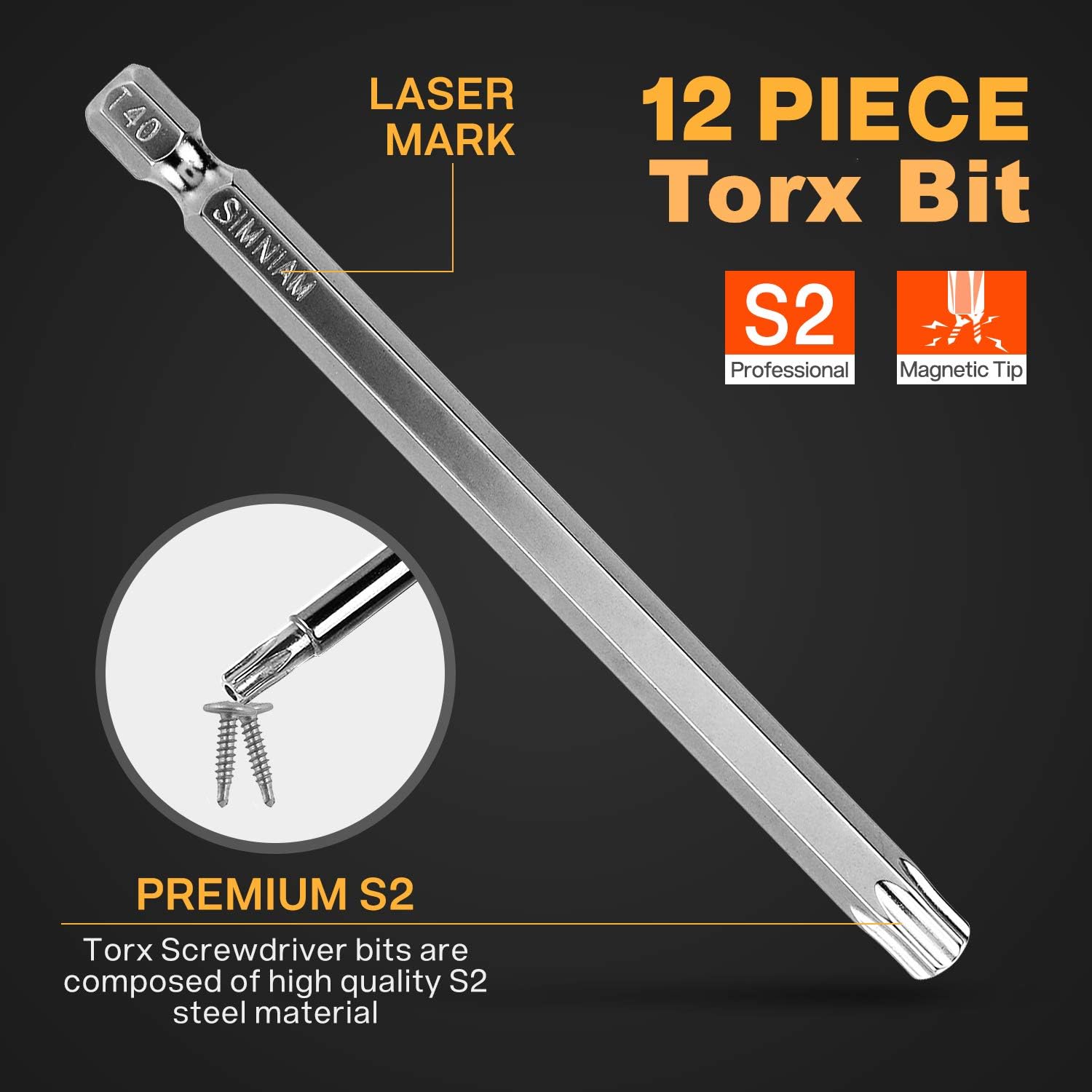 SIMNIAM 12 Piece Torx Screwdriver Bit Set, 1/4" S2 Steel Magnetic Security Tamper Proof Star Screw driverTools Bit kit, 3.94" Long T5-T40 Muti-Size, Perfect for Power Drills and Impact Drivers