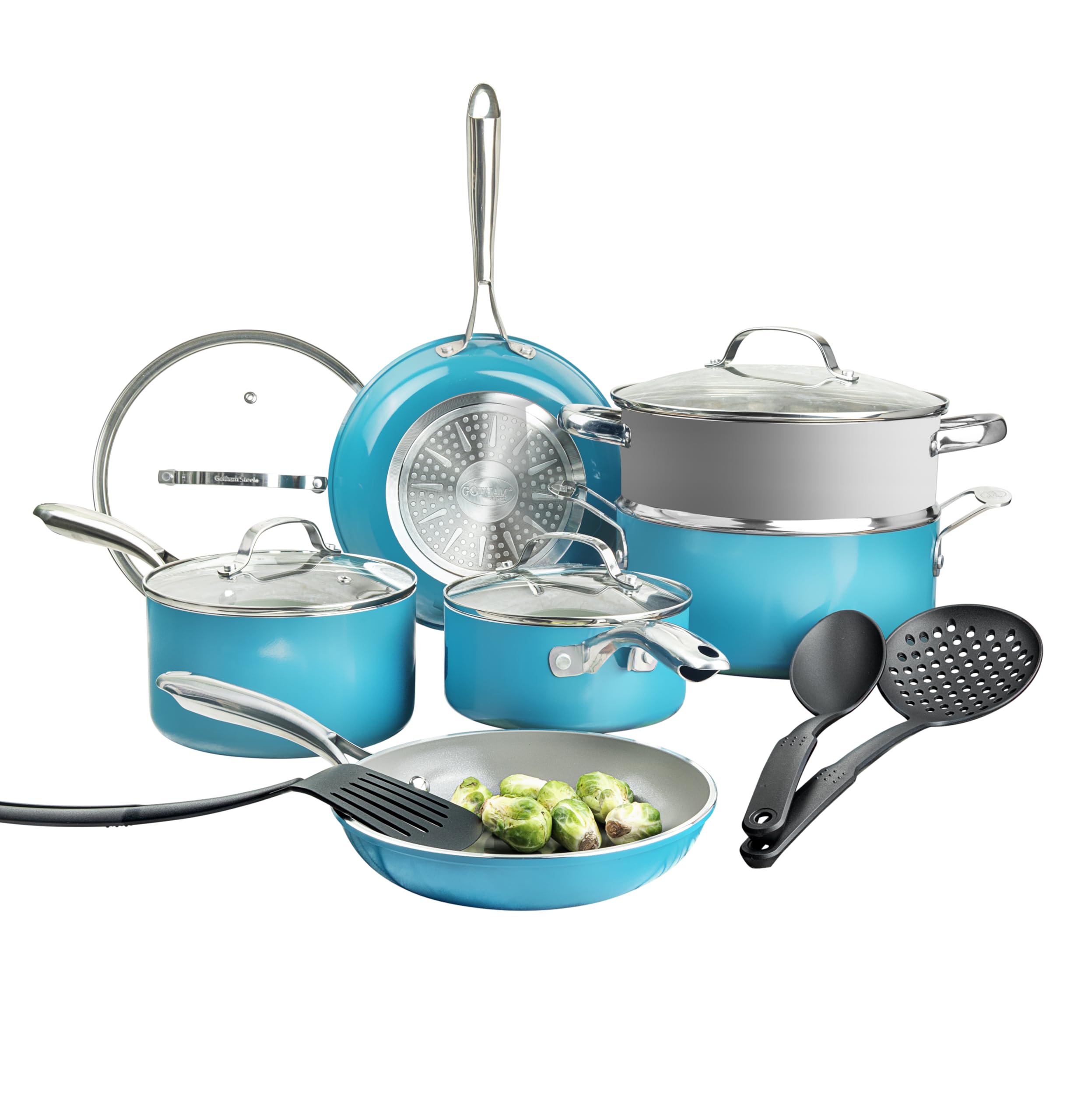 15 Pc Ceramic Cookware Set, Ceramic Pots and Pans Set Non Stick with Cooking Utensils and Steamer, Non Toxic PFOA PFOS Free, Premium Stay Cool Handles, Oven & Dishwasher Safe, Blue