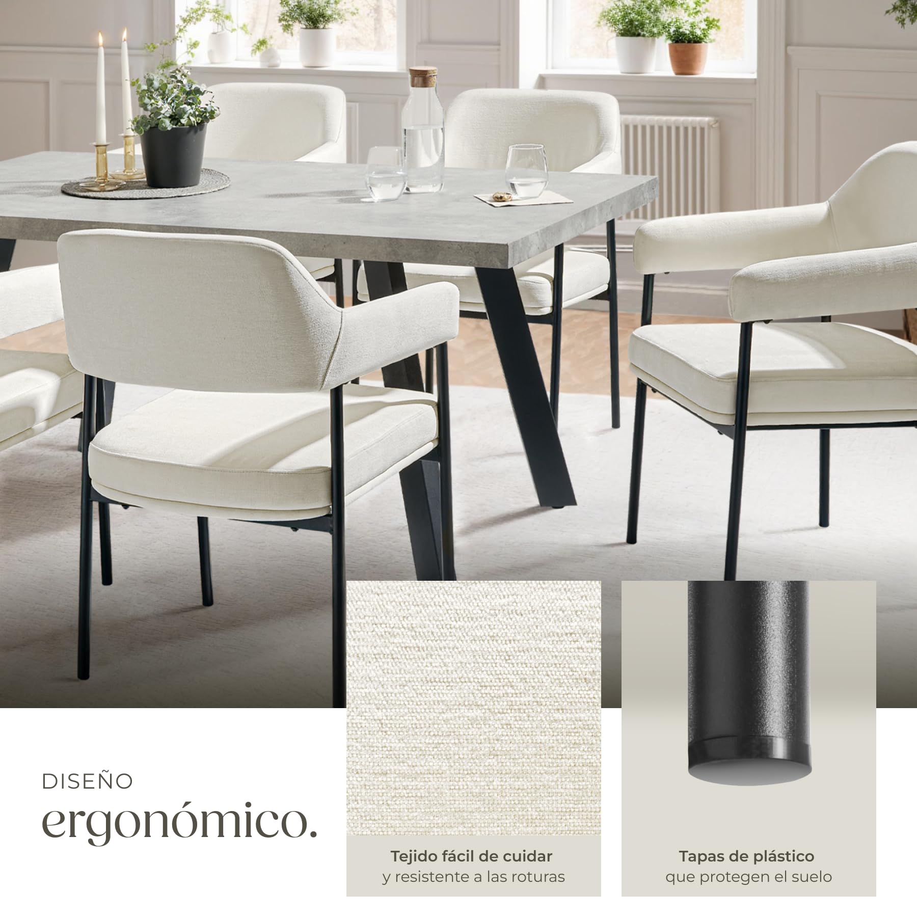 tectake® Silla de Comedor Acolchada, Tapizada en Tela, con Respaldo Continuo y Reposabrazos, Patas de Acero Estables, Silla para Cocina, Salón, Dormitorio - 2 sillas Tejido Blanco Roto/Negro