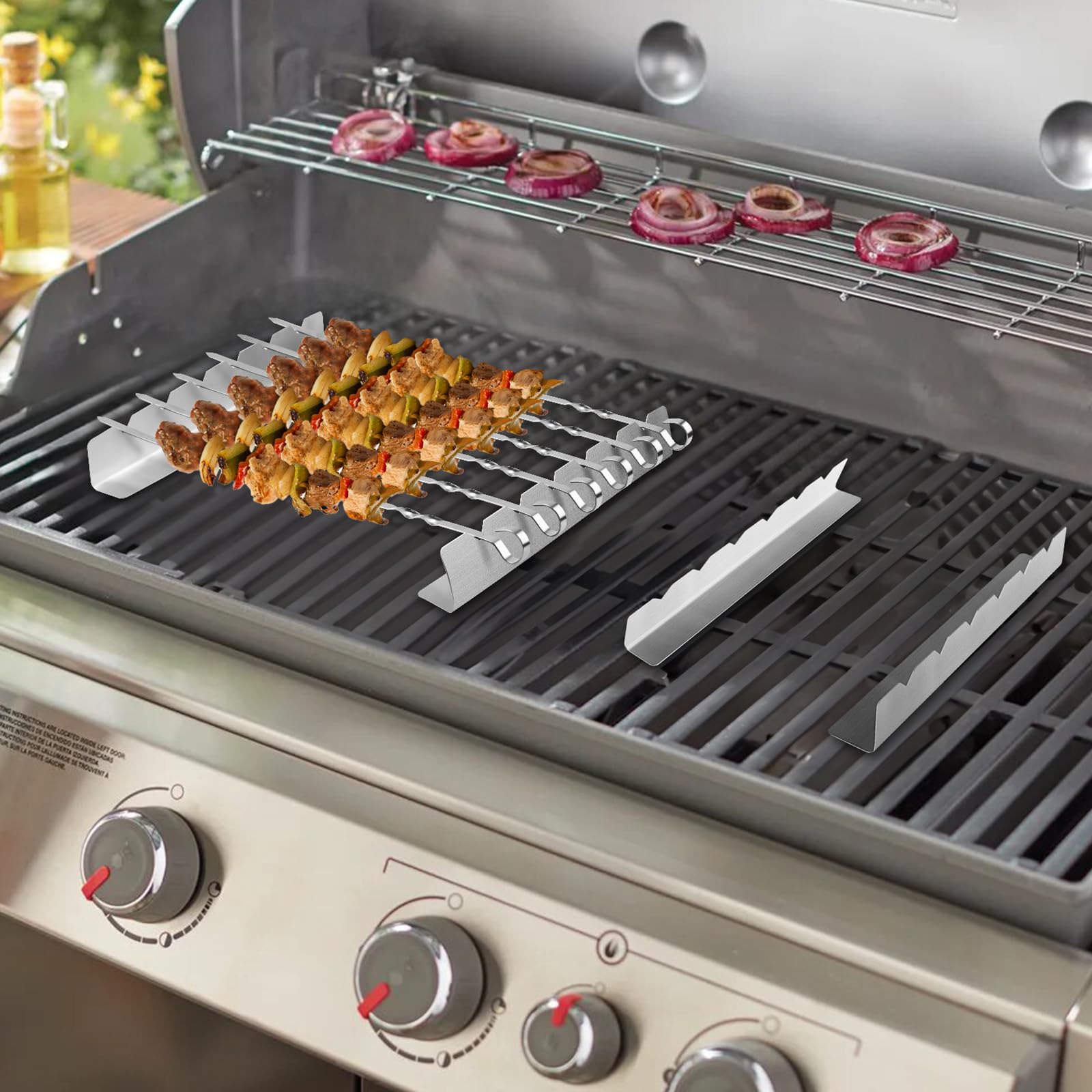 Tesmotor Griglia per Spiedini in Acciaio Inox, Supporto per 6 Spiedini, 30 cm, Set per Barbecue a Gas e BBQ all’Aperto