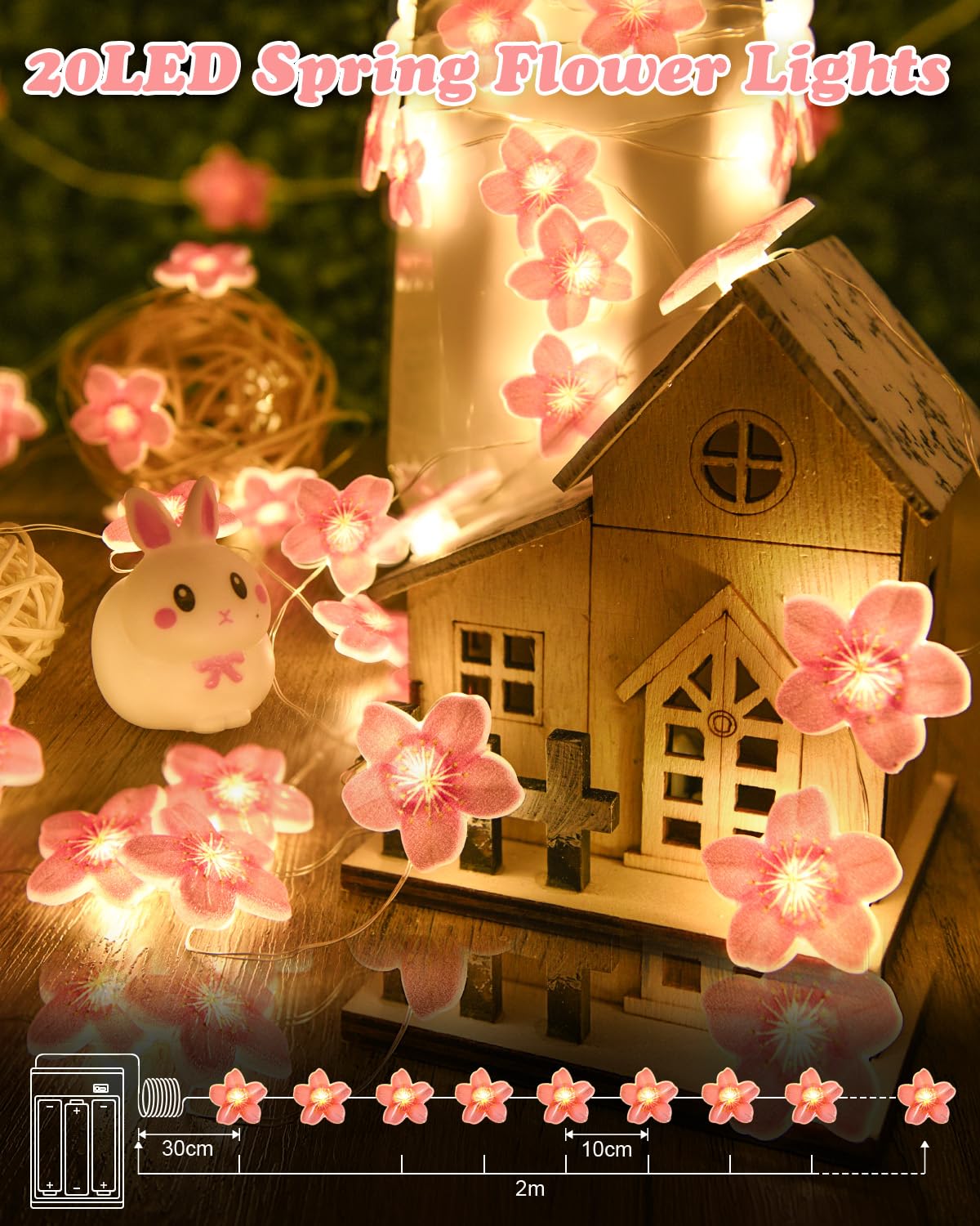 Dalugo Flower Fairy String Lights, 2M 20 LED Pink Cherry Blossom Lights with Timing Function - Image 2