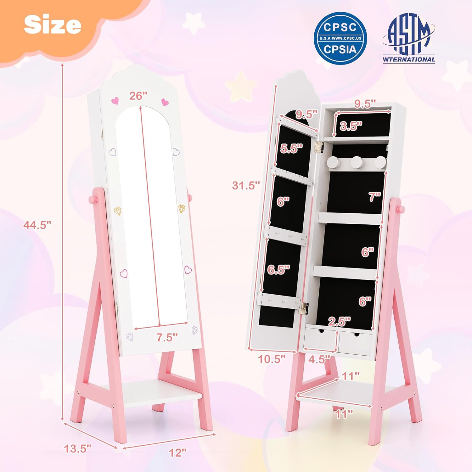 HONEY JOY Kids Jewelry Armoire Cabinet, Wooden Free Standing Jewelry Organizer w/Full-length Mirror and Storage Drawers, Storage Shelves, Children Dress Up Jewelry Cabinet for Little Girls (White)