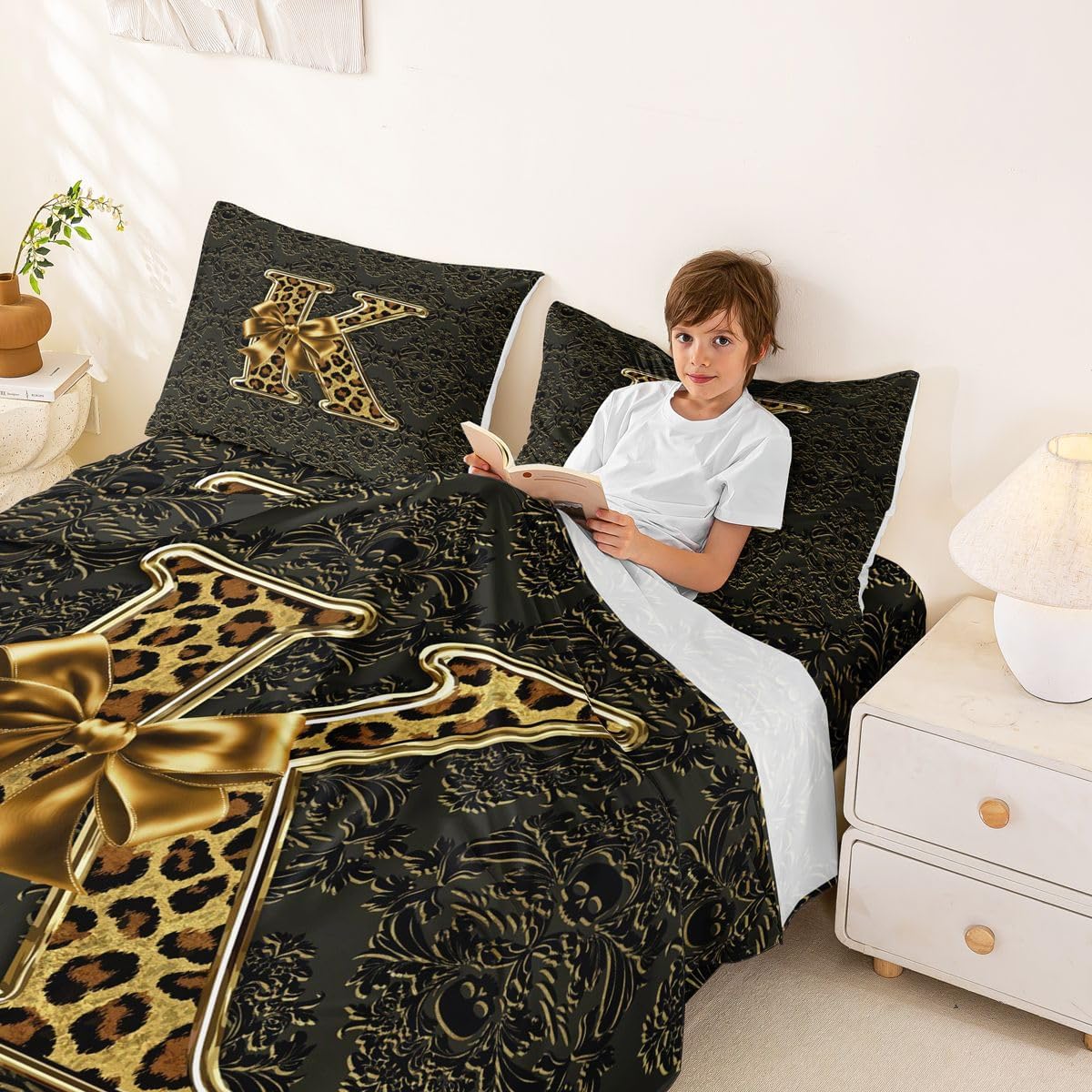 Erosebridal Brown Leopard Print Letter K Bow Sheet Set Gothic Damask Sugar Skull Full Size Bed Sheets for Toddler Boys,Vintage Floral Victorian Coquette Aesthetic Masculine Bedding Set