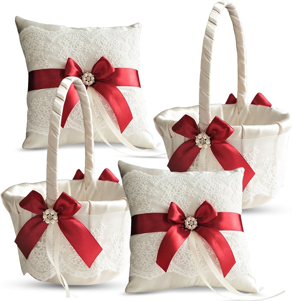 Ivory Ring Bearer Pillow and Basket Set | Lace Collection | Flower Girl & Welcome Basket for Guest | Handmade Wedding Baskets & Pillows (RED)