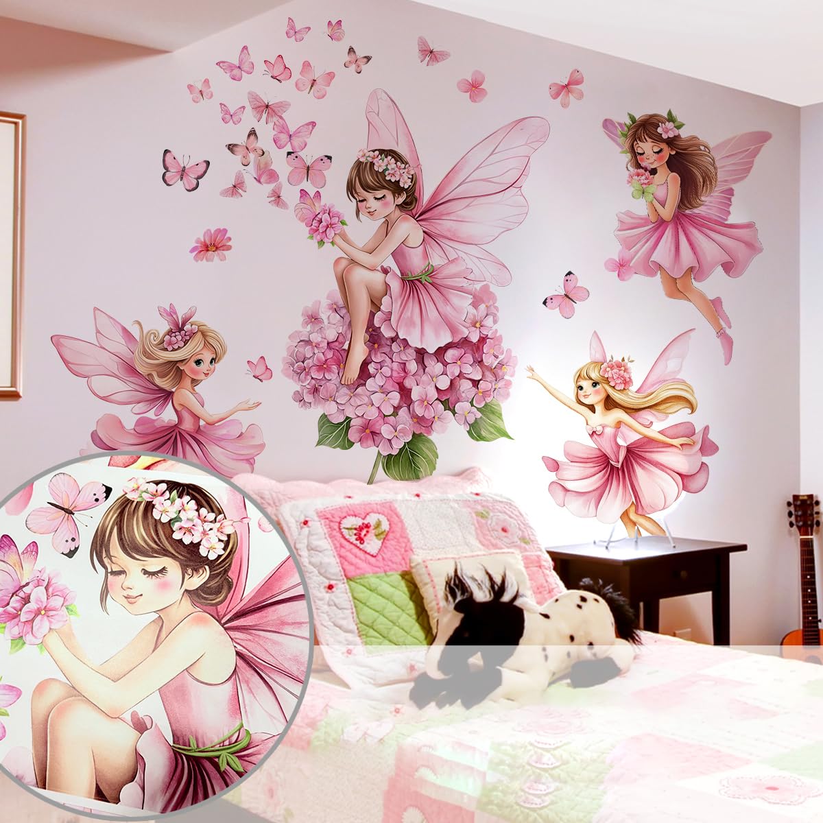 WandSticker4U®- Pegatinas pared decorativas infantiles HADAS y MARIPOSAS rosa (132x129 cm) I Vinilos hadas y mariposas pared niña princesa elfos flores I Decoración habitación niña bebe GRANDE