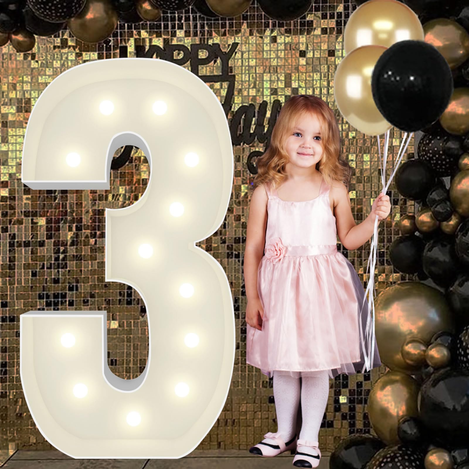 4FT Marquee Light Up Numbers Pre-Cut Frame Giant Marquee Numbers 3, Mosaic Numbers for Balloons, 30th 13th Birthday Decorations 2023 Graduation