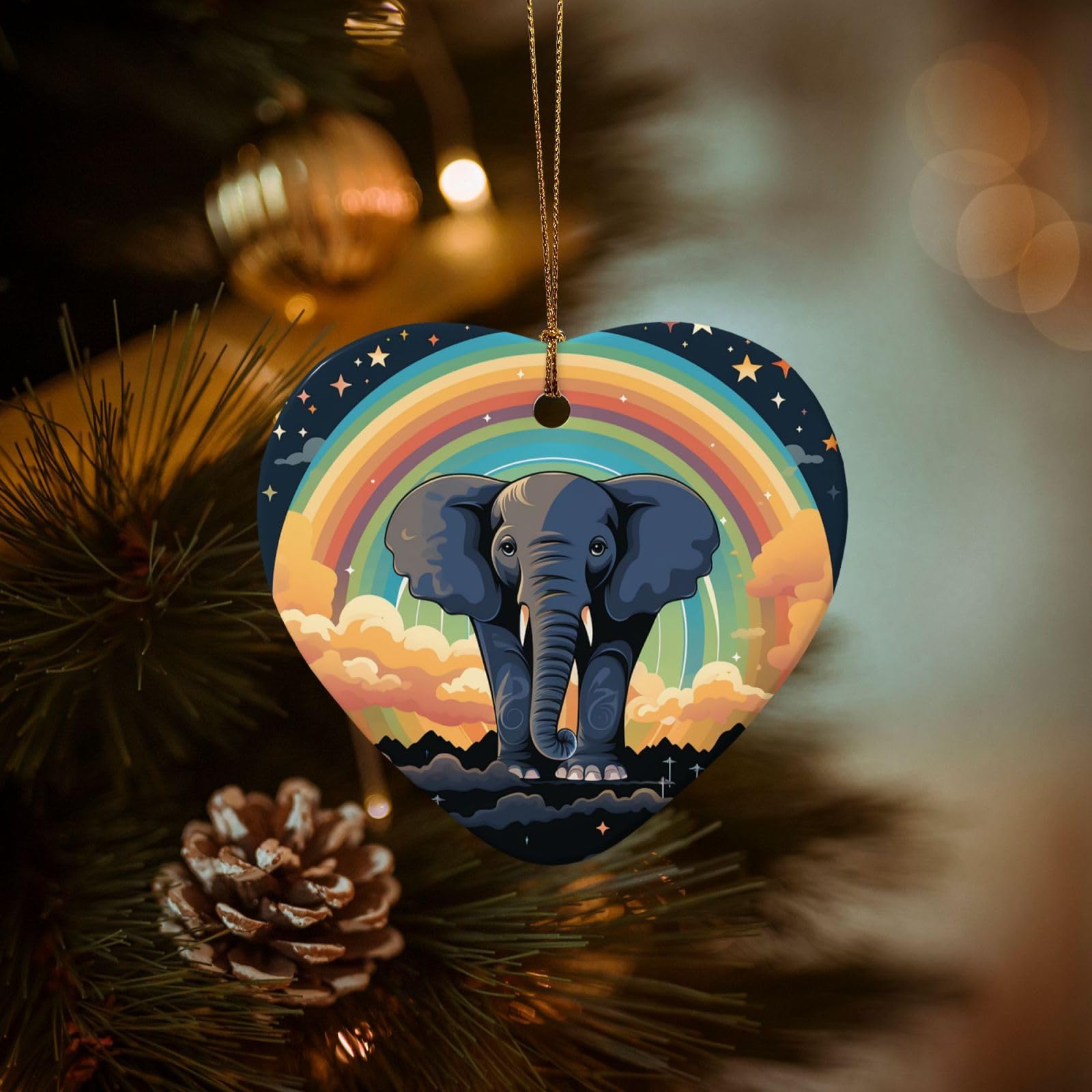Christmas Tree Ornaments Ceramics Christmas Decorations Cute Elephant Rainbow Ornaments with Gold Ribbon Porcelain Xmas Tree Crafts Heart Shape Hanging Pendant for Christmas Tree Party Decor