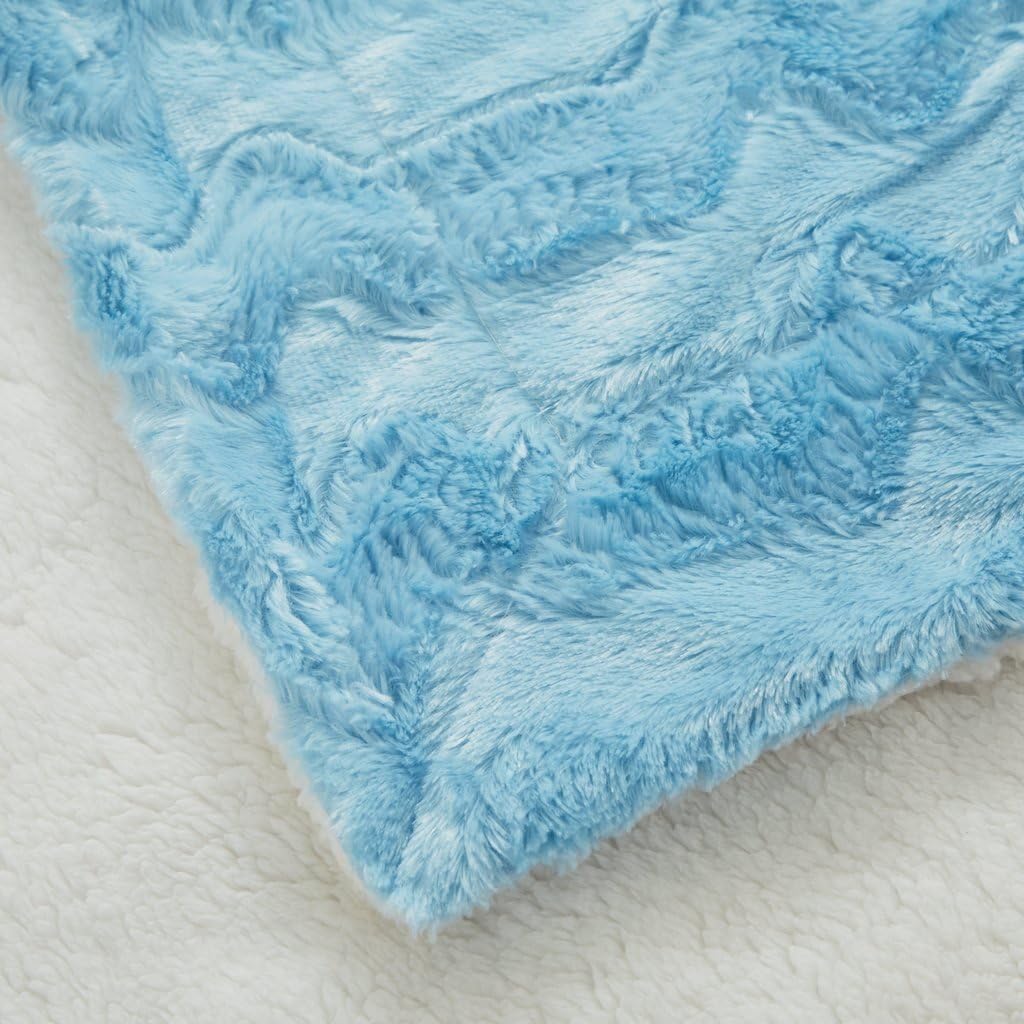 Tache Light Sky Blue Throw Super Soft Warm Faux Fur with Ivory Sherpa Back Blanket - 63x87