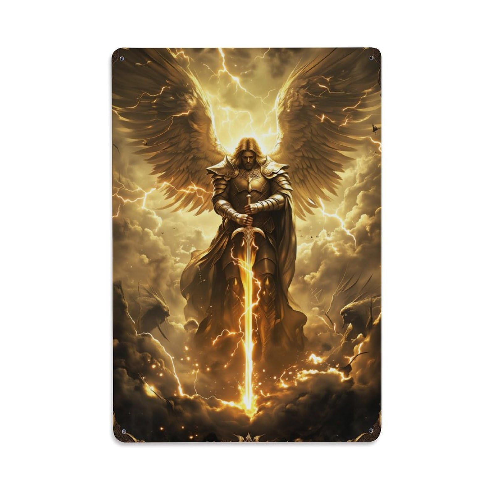 Golden Angel With Sword And Wings Vintage Tin Sign Retro Metal Wall Decor Metal Poster, Home Bar Garage Farmhouse Cafe Wall Art Decoration 8x12Inches