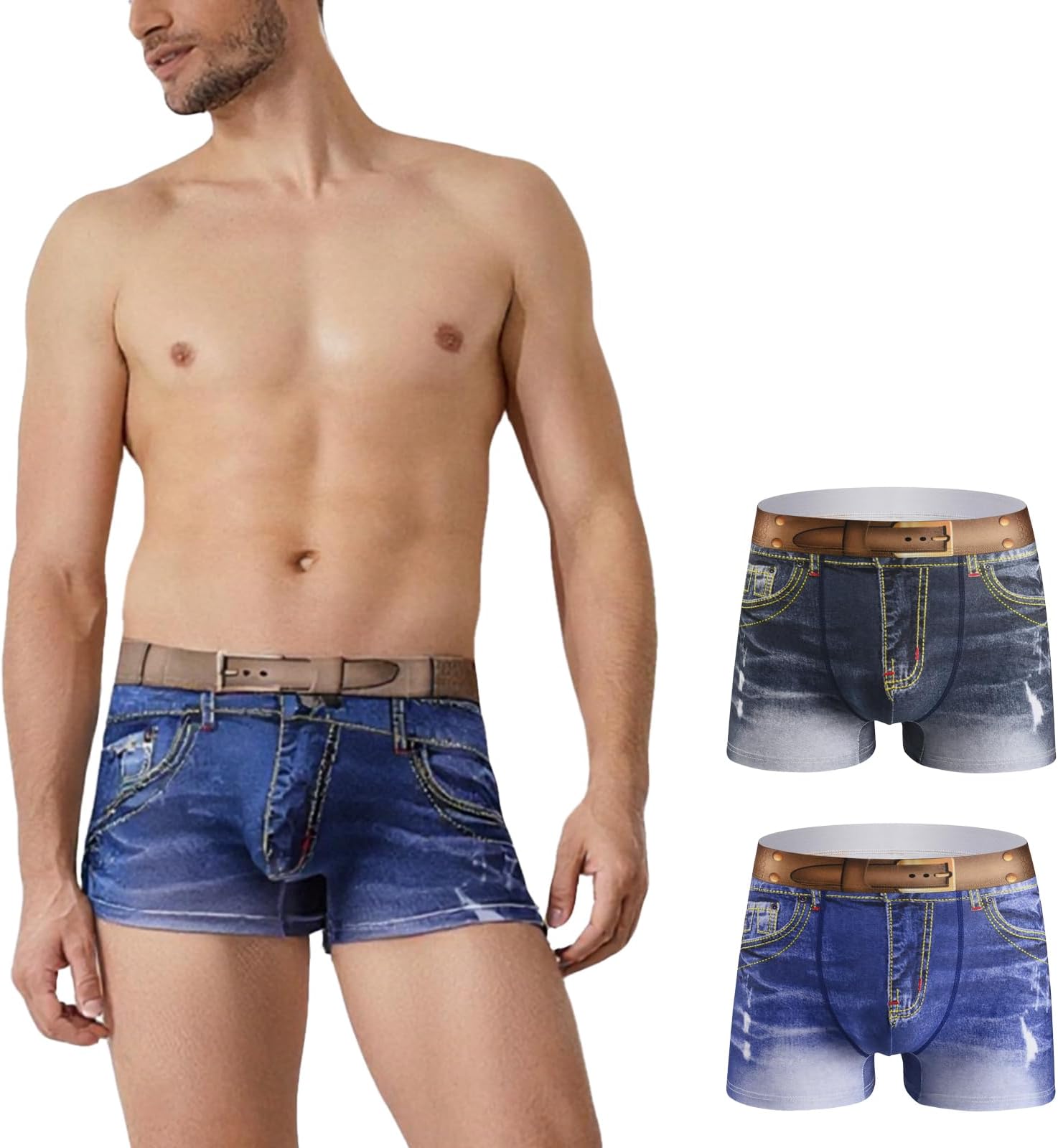 Men's Cotton Sexy Fake Jean Underwear Stretch 3D Denim Printed Personalized Boxer Briefs