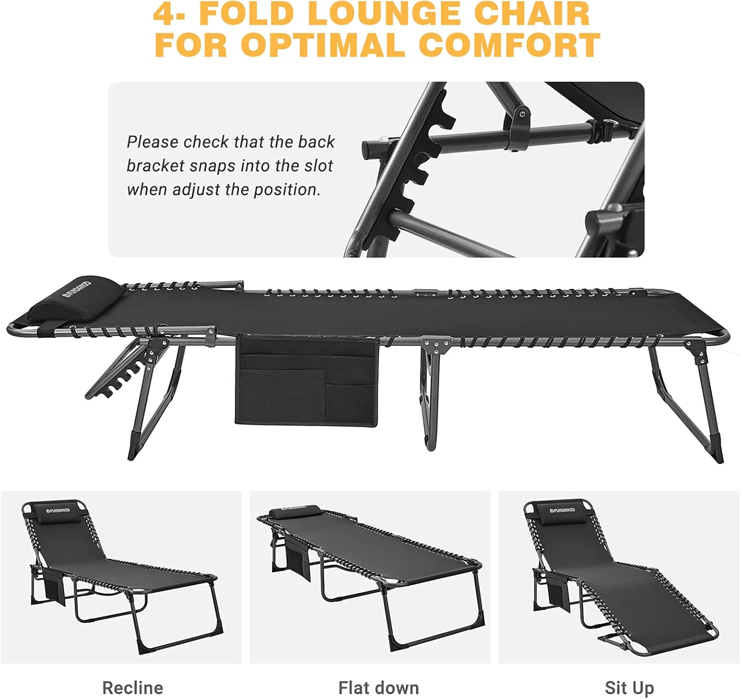 Adjustable 4-Position Folding Chaise Lounge Chair for Outdoor Patio Lawn Beach Pool Sunbathing, Portable, Heavy Duty, Supports 265lbs: Kitchen & Dining