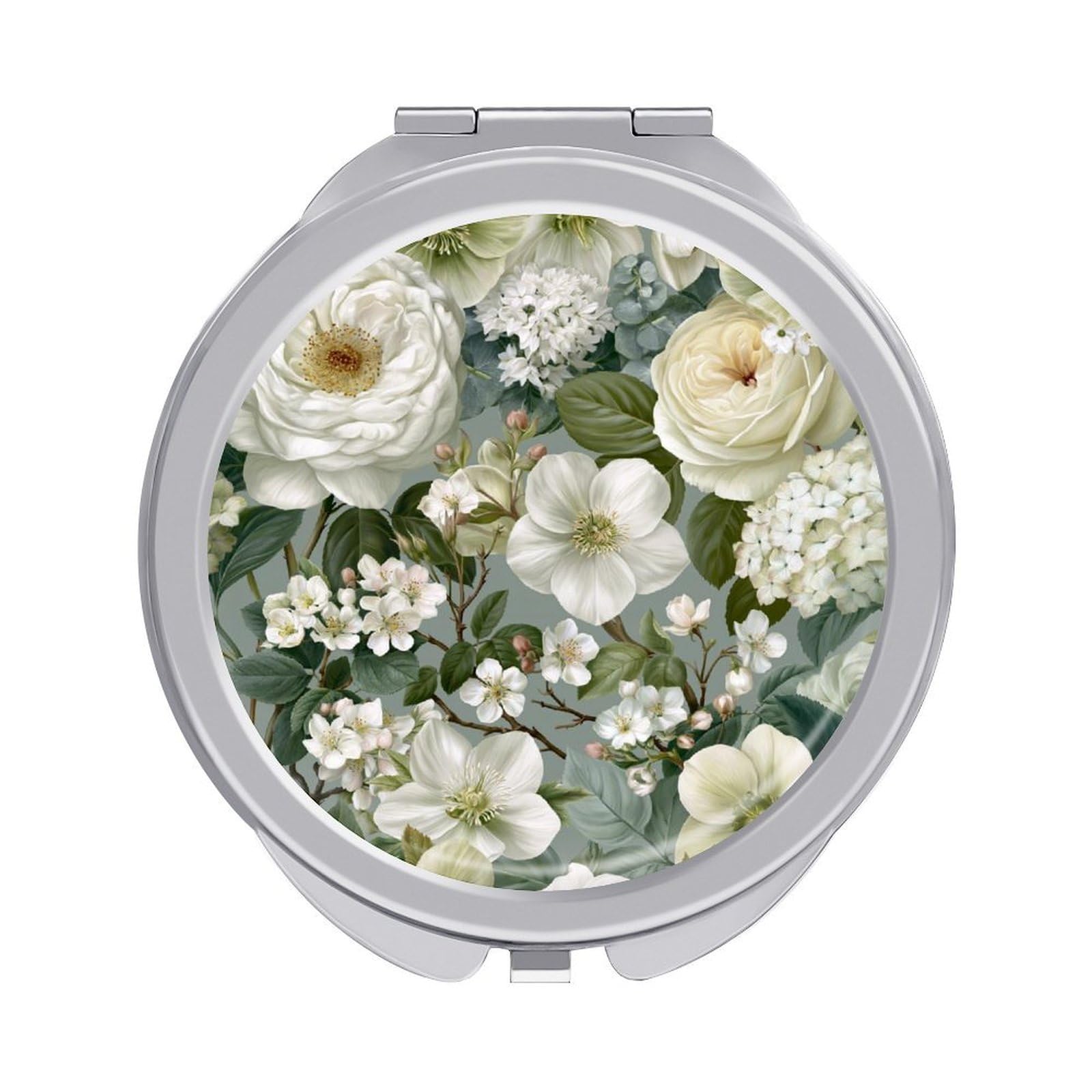 Jubonexis Luxury Botanical White Roses Hydrangeas Clusters Women Pocket Mirrors, Girls Small Portable Travel Makeup Mini Mirror