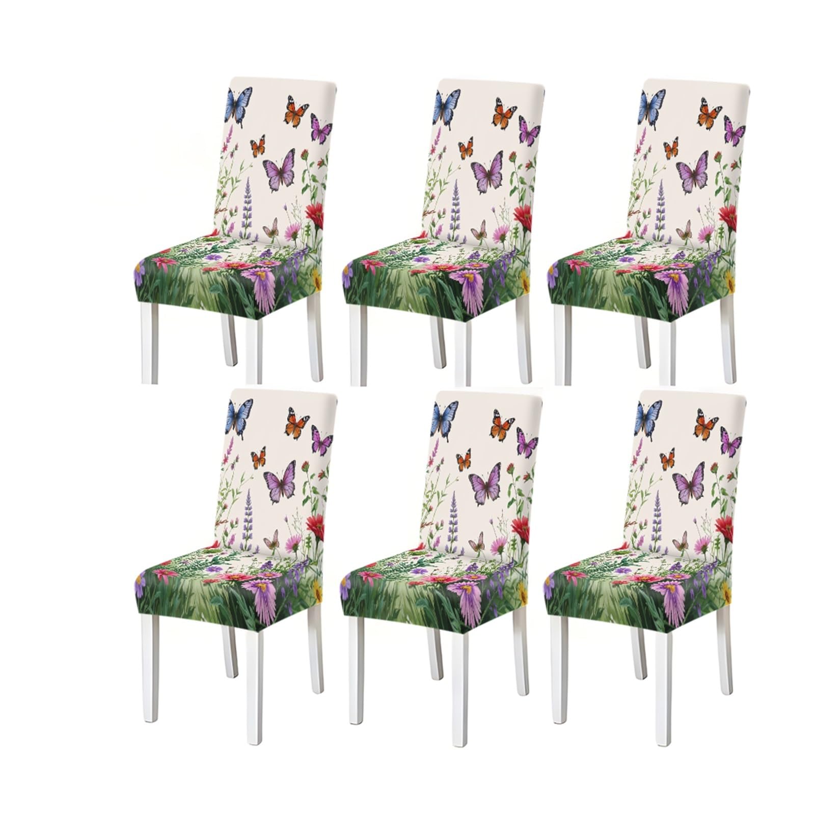 FZJKGH Wildflower Meadow Butterfly Print Dining Chair Covers, Stretch Slipcovers For Kitchen Dining Room Garden Party, 2/4/6PCS Removable Stretch Slipcovers for Dining Chairs(6PCSChair cover)