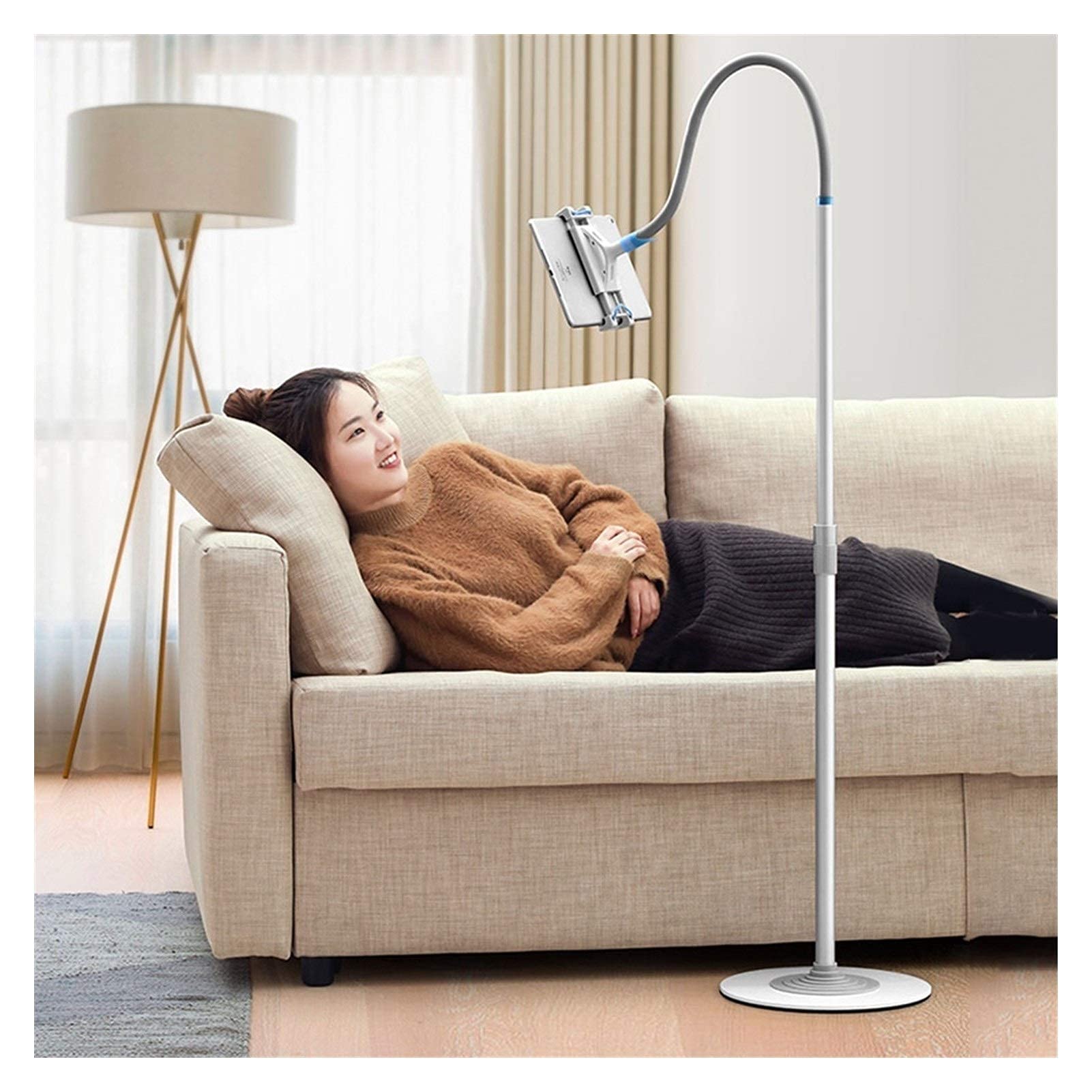 Soporte de Piso para Tableta Soporte de Piso para Tableta con Cuello de Cisne y Brazo de Acero Altura Ajustable de 53 a 74 Pulgadas Abrazadera Universal para Tableta Lazy Mount para Todos lo