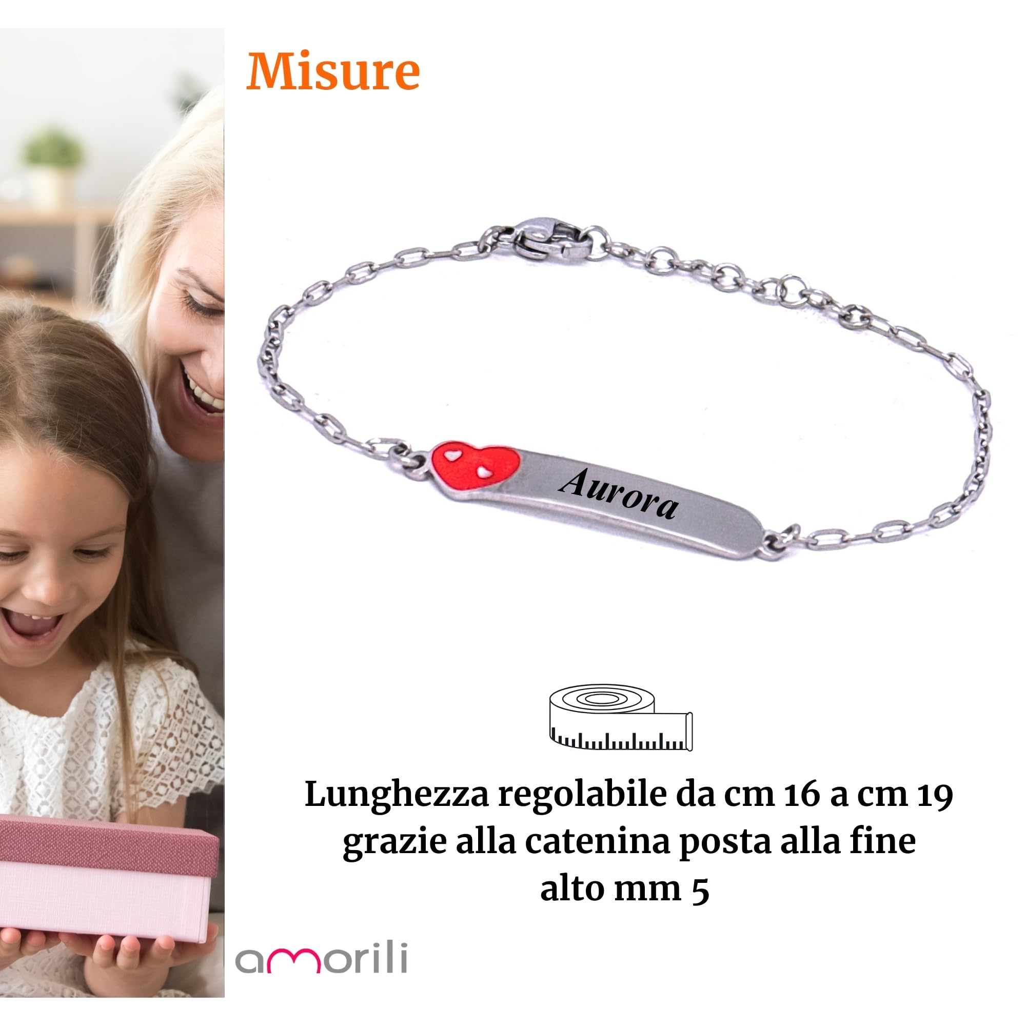 amorili Bracciale Bambina Personalizzato con Nome - Cuore in Acciaio Inox Anallergico - Regalo Bimba per Compleanno, Battesimo, Comunione - Gioiello con Incisione Gratuita bcc3111