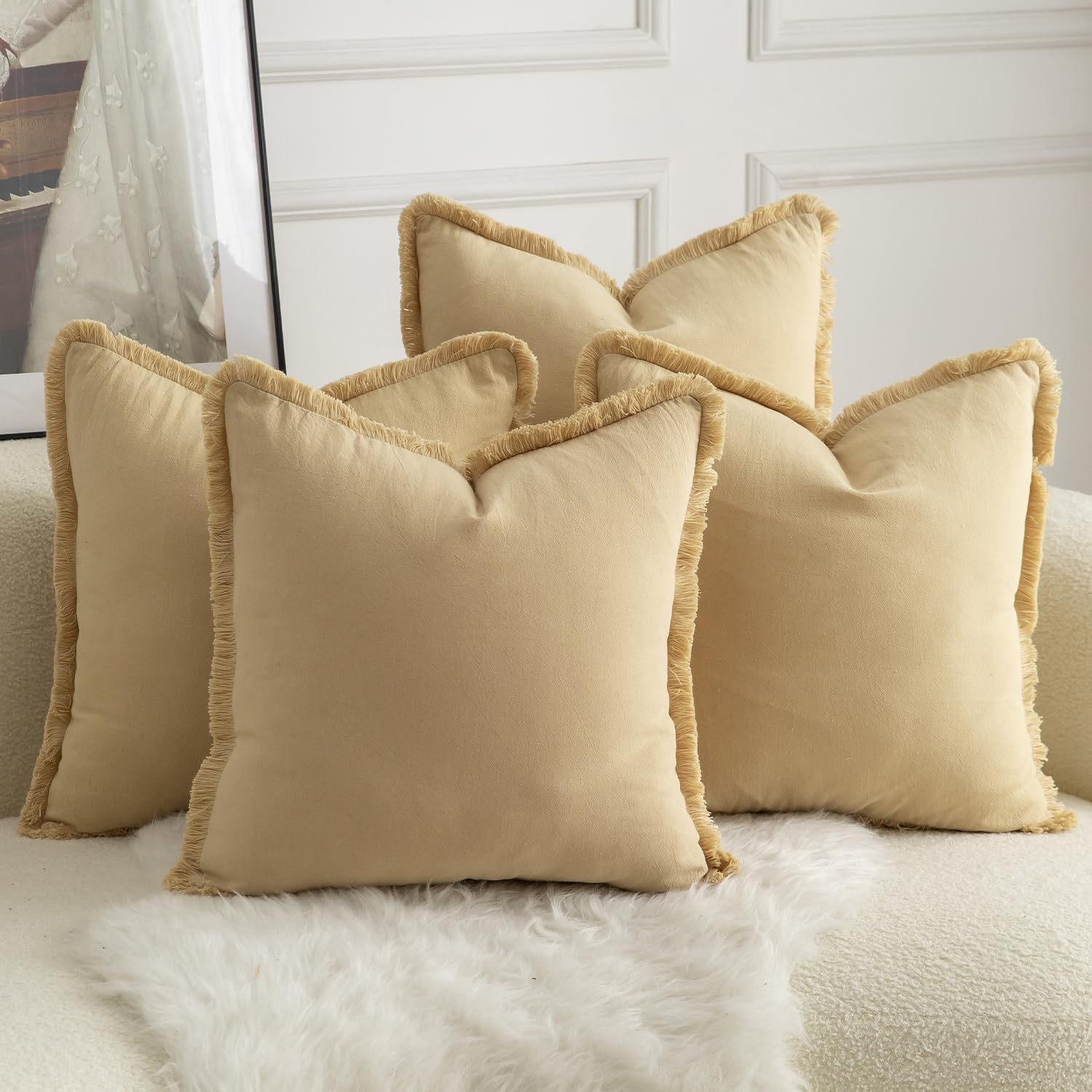 MANDIOO Set of 4 Neutral Cotton Fringe Decorative Throw Pillow Covers 20x20 Inch Boho Farmhouse Cushion Covers Cozy Tassels Pillowcase for Couch Sofa Bedroom Living Room Home Decor Khaki