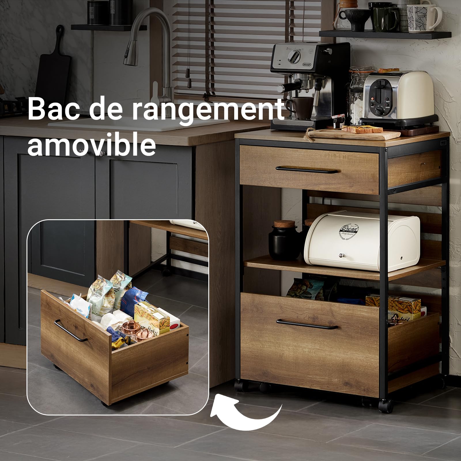 SoBuy Desserte de Cuisine à roulettes, Freins & Caisse Amovible, 60x90x45cm