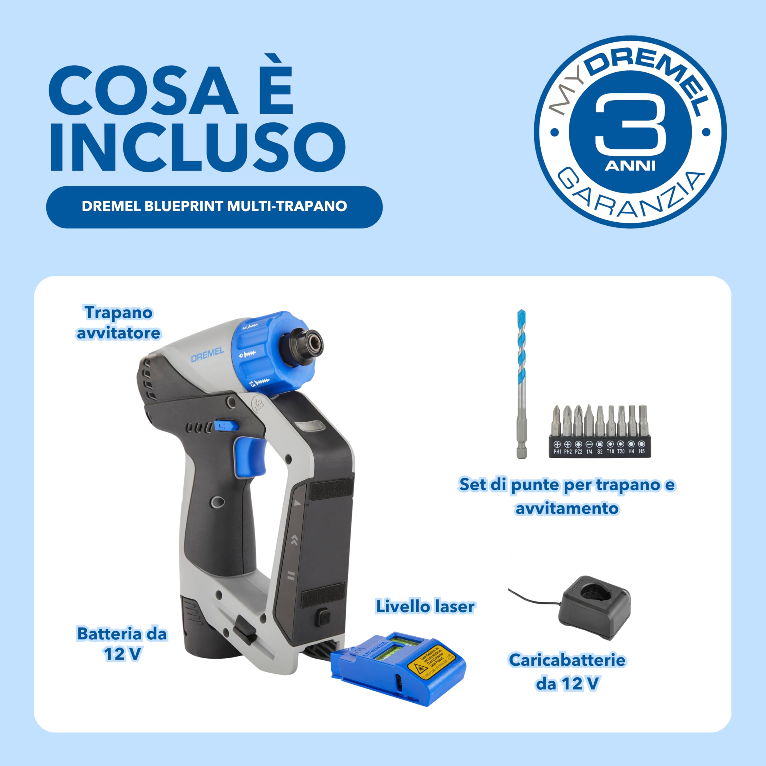 Dremel Blueprint Trapano Avvitatore 12V 3 in 1 Brushless con Cercatore di montanti, Livello laser staccabile, Batteria+Caricatore 2,0 Ah, Set di punte per trapano e avvitamento, Livella a Bolla DD12V