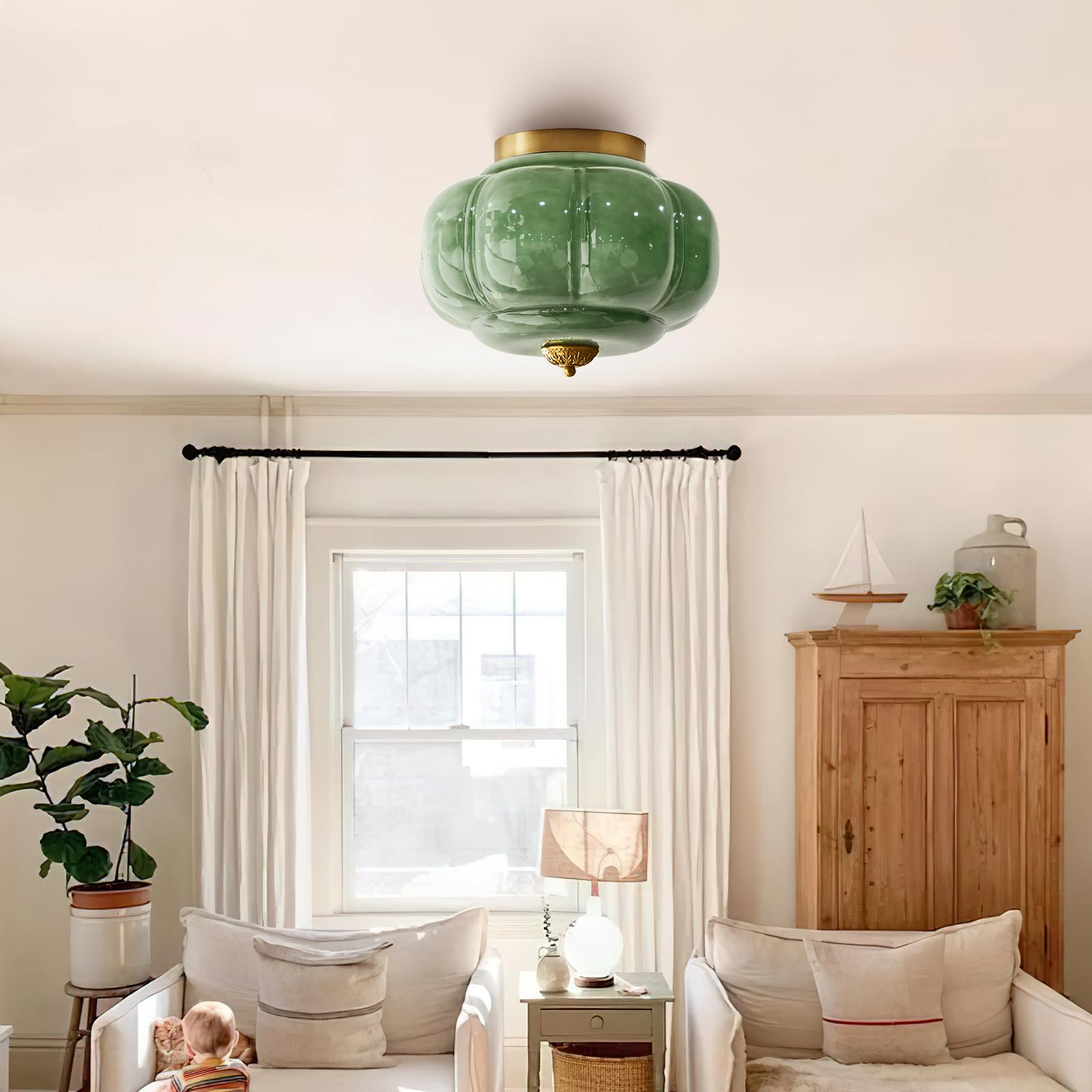 Milk Glass Ceiling Light Fixture - Farmhouse Antique Brass Semi Flush Mount Ceiling Light for Kitchen, Hallway, and Bedroom (Green 15 inch) — view 3
