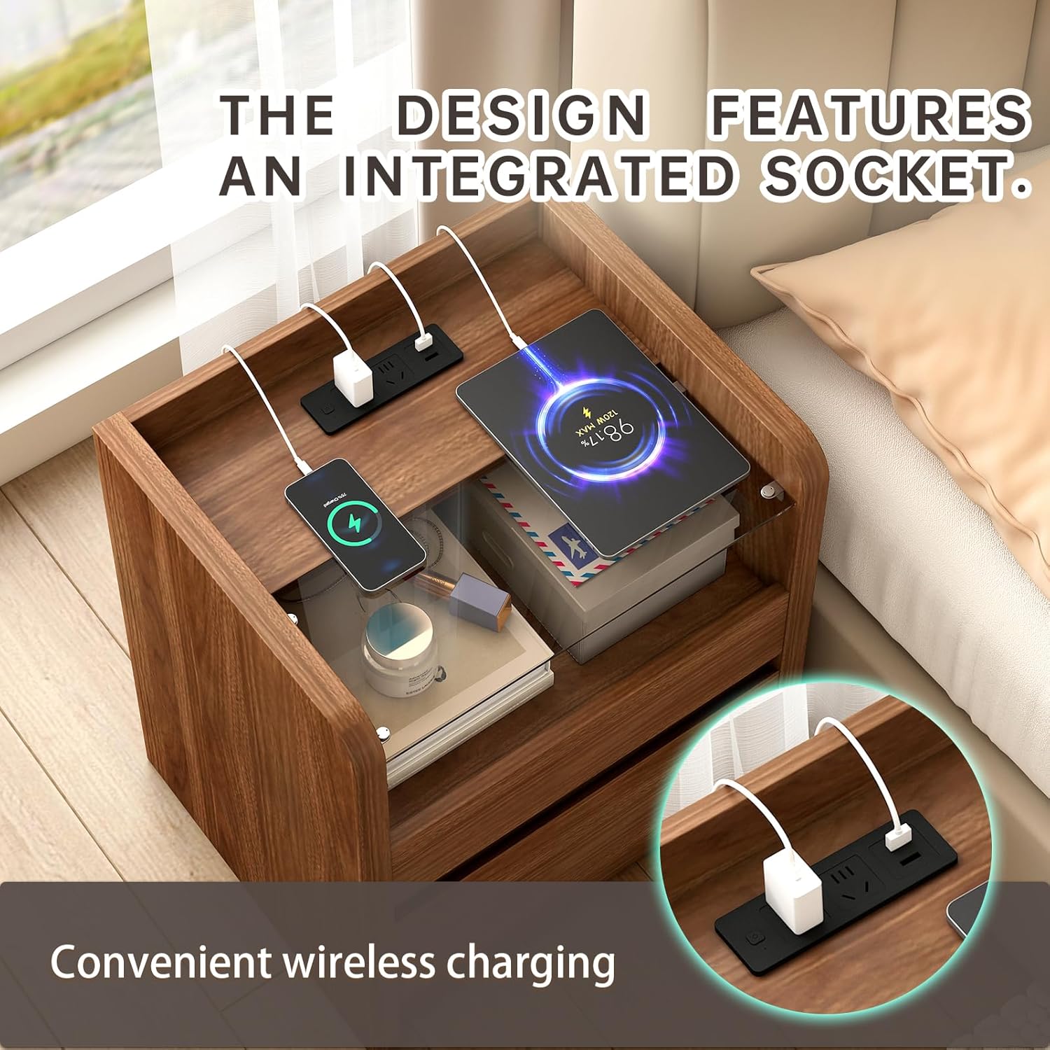 Walnut Nightstand with Charging Station, 20 Inch Wide Night Stand with Deep Drawer, Mid Century Bedroom Bedside End Table with Round Edge & Reinforced Panel Design for Dorm, Sofa, Office