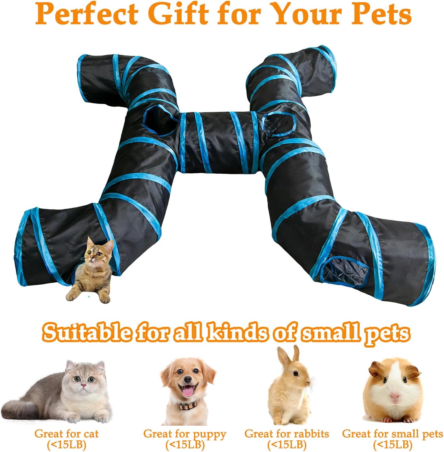 4-Way Large Cat Tunnel, H Shape Cat Tube Toy with Interactive Playing Balls, Peek Hole for Indoor Cats, Kitten, Kitty, Puppy, Rabbit (Black)