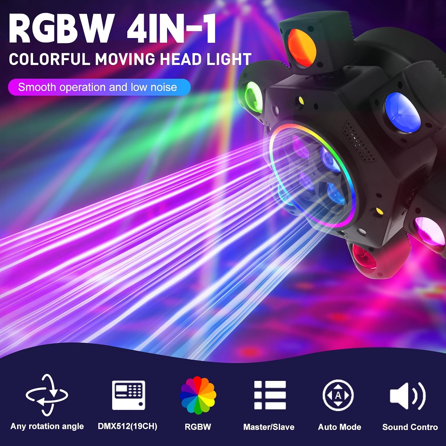 moving head dj lights, 150w rgbw 4-in-1 led 6 arms disco stage light with mixed lighting effects, dmx-512 & sound activated & remote control, party lights for bar, wedding,