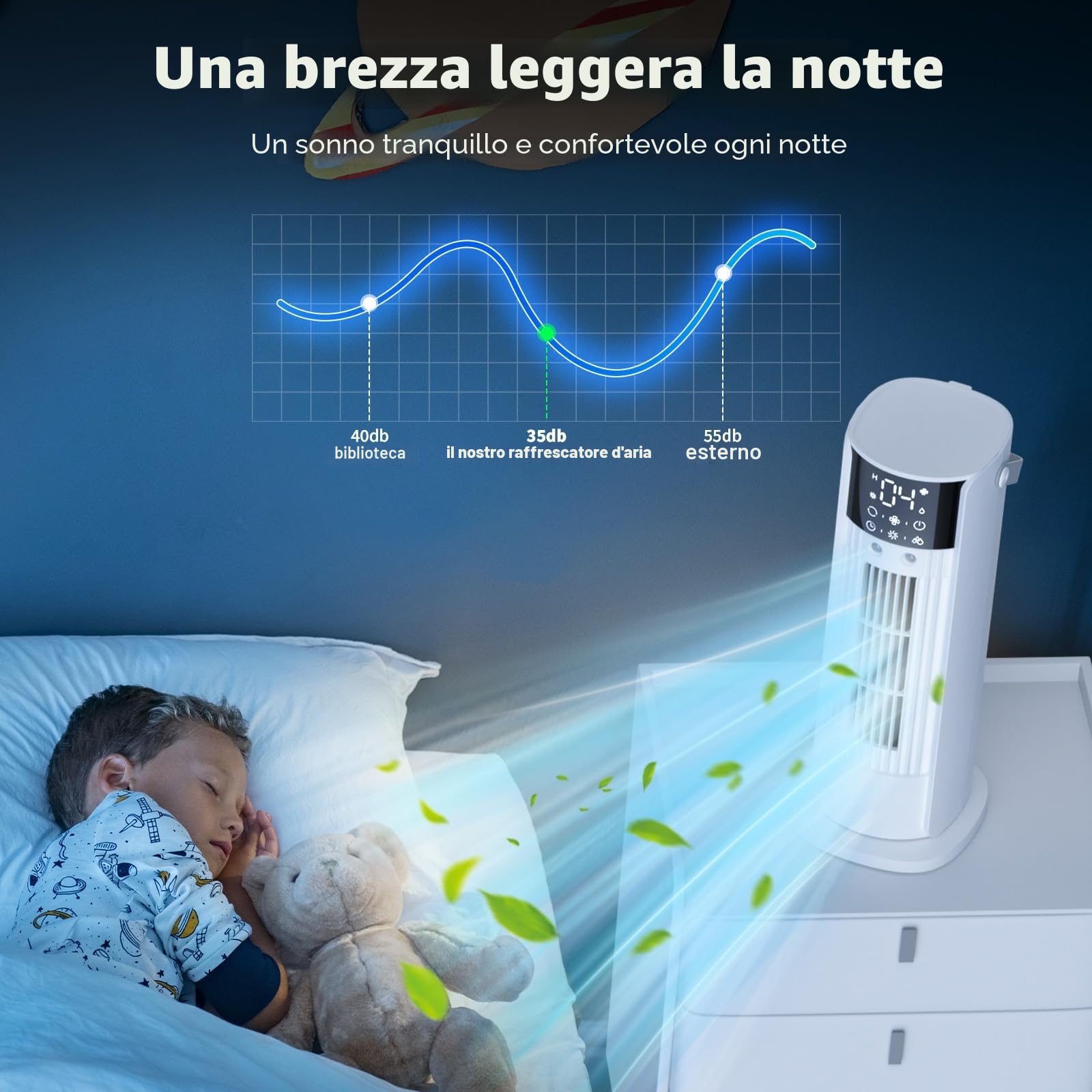Climatizzatore mobile 5 in 1- Aria condizionata portatile, rinfrescante d'aria silenzioso, 90°, oscillazione, 4 velocità, 2 nebulizzazione con 700 ml, telecomando, applicabile camera e ufficio