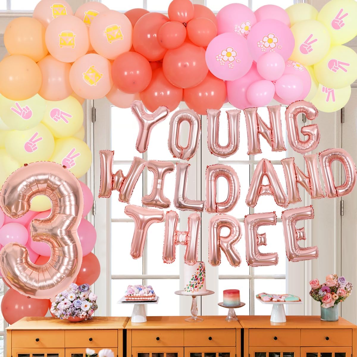 Groovy 3rd Birthday Party Decorations, Young Wild and Three Daisy Flower Balloons Garland Kit, Groovy Retro Boho Girls Third Birthday Party Supplies