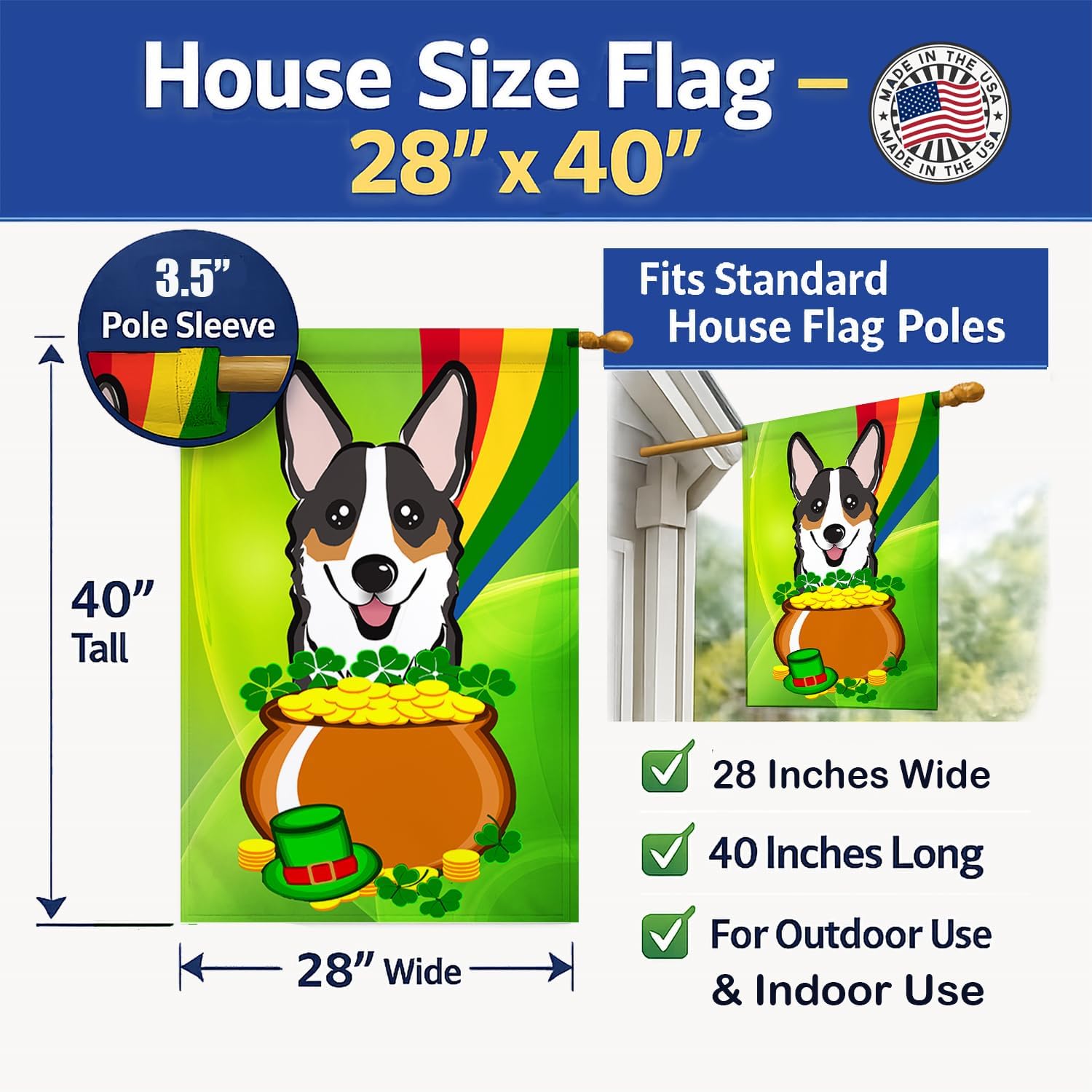Caroline's Treasures BB1999CHF Tricolor Corgi St. Patrick's Day House Flag Large Porch Sleeve Pole Decorative Outside Yard Banner Artwork Wall Hanging, Polyester, House Size, Multicolor