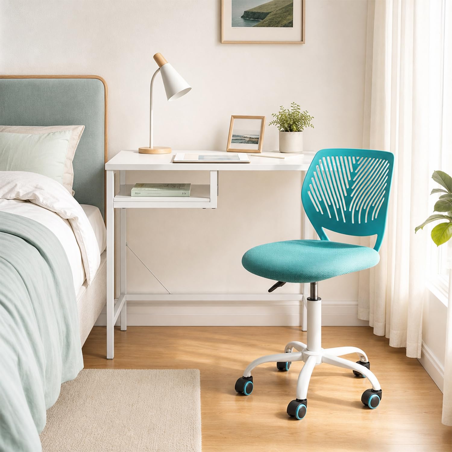 Sedia da ufficio ergonomica in tessuto, 45,5 × 39 × 85 cm, turchese | Girevole senza braccioli, altezza regolabile, comfort schiuma, carico 120 kg, scrivania camera da letto lettura
