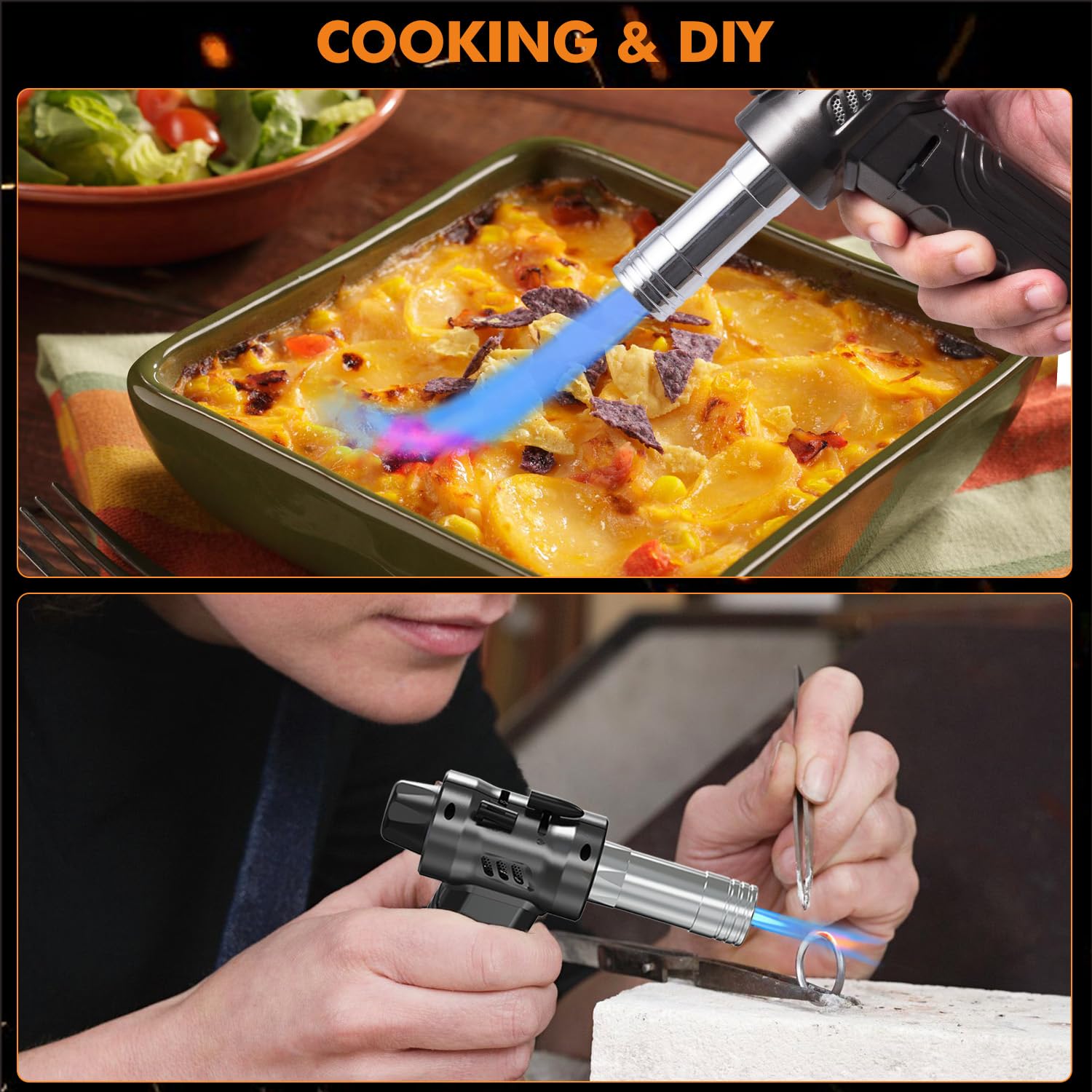 Megainvo Cannello da Cucina 18g Grande Bruciatore a Gas con Finestra Visibile & Blocco di Sicurezza, Fiamma Ossidrica da Cucina Cannello a Gas per DIY Saldatura Dolci Creme (Butano Non Incluso)