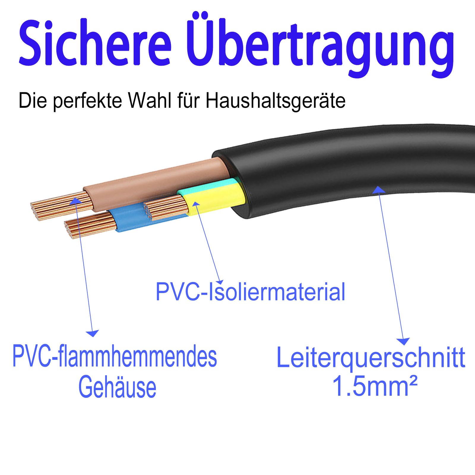 Schutzkontakt Verlängerungskabel, Steckdose Außenbereich für Doppelstecker 3 Fach, 3x1,5mm² Kupfer, 250V/13A, Wasserdicht IP44 für draußen Haushalt, Büro, Garten, 10M Schwarz