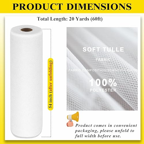 Miniatura 3 de Rollos de tela de tul blanco de 54 pulgadas por 20 yardas, perno de carrete de tutú para decoración de bodas, falda tutú de baby shower, envoltura