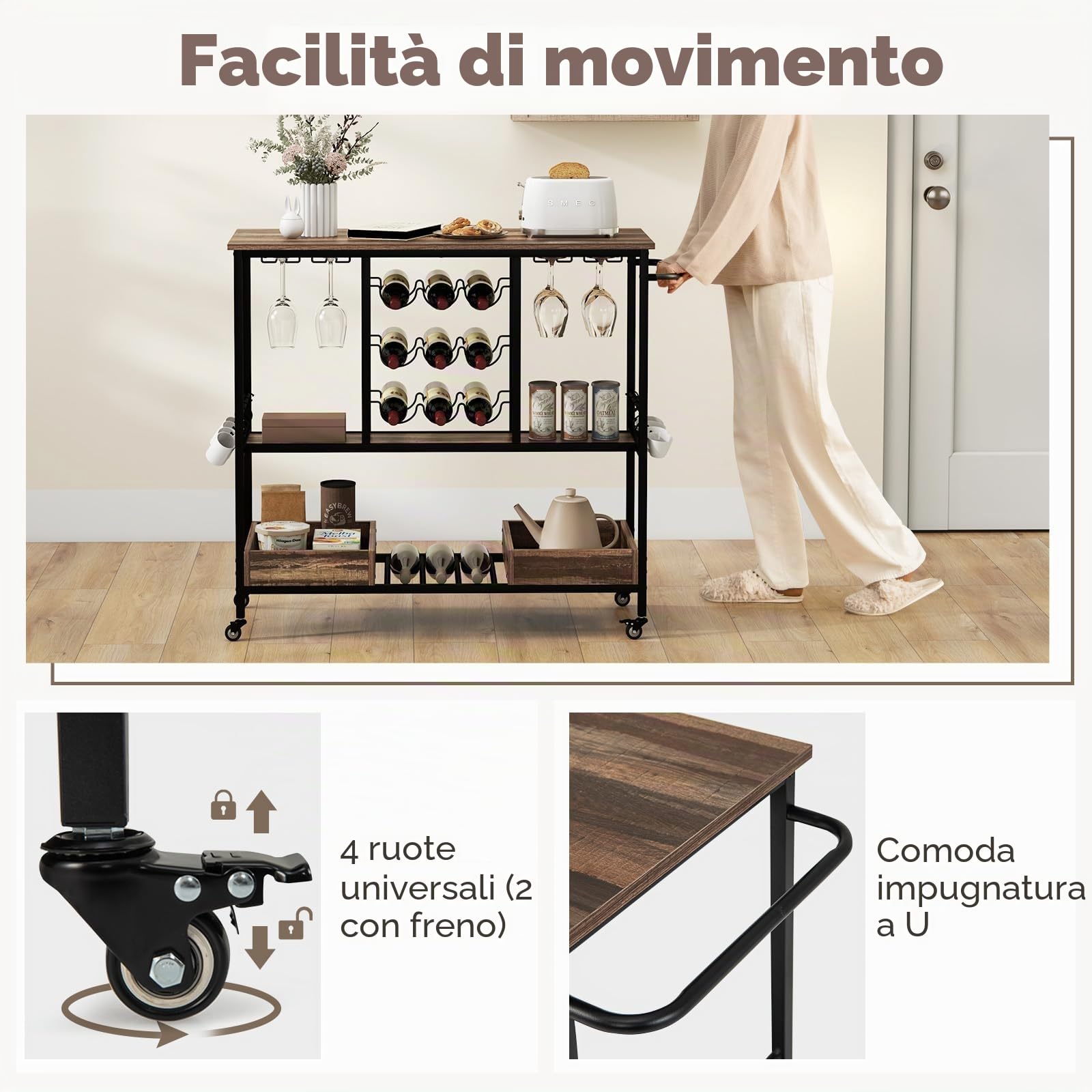 GIANTEX Carrello di Servizio Industriale a 3 Livelli, Carrello da Cucina con Portabicchieri, Porta Bottiglie, 107,5x40x91,5 cm