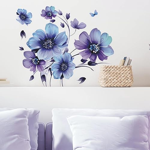 Miniatura 2 de Adhesivos de pared de flores de margaritas de tinta azul-morado, diseño floral de mariposa de sacinora calcomanías de pared removibles de vinilo