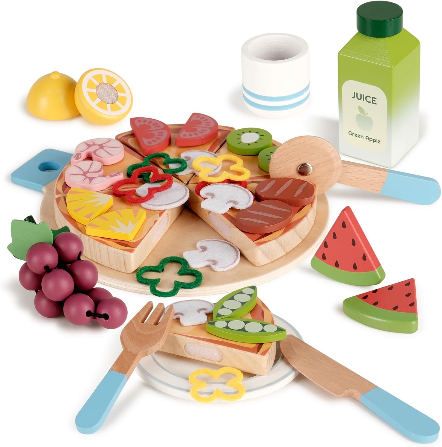 Wooden Pizza Toy, Wooden Food Toys for Toddlers 1-3, Wooden Play Food with Basket, Pretend Play Toys for Kids, Kitchen Playset for Toddlers 3-5, Cutting Food Toys, Gift for Girls Boys 3 4 5 6