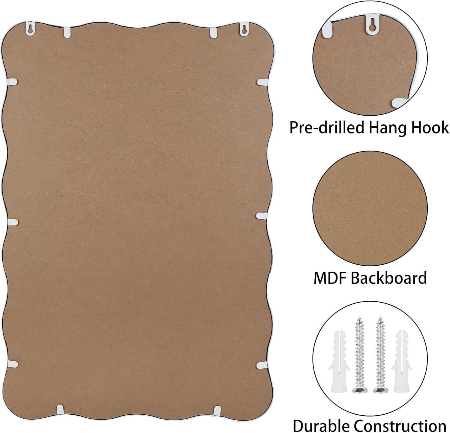 Wavy Rectangular Bathroom Mirror with Scalloped Metal Frame - White Decorative Mirror Modern Farmhouse Mirror for Vanity, Living Room, Entryway, or Hallway (White)