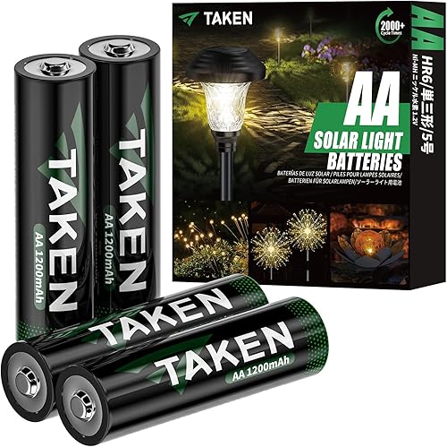 Taken Baterías AA recargables de 1200 mAh precargadas NiMH 1.2 V, tamaño AA, baja autodescarga para luces solares Ourdooe, paquete de 4 unidades