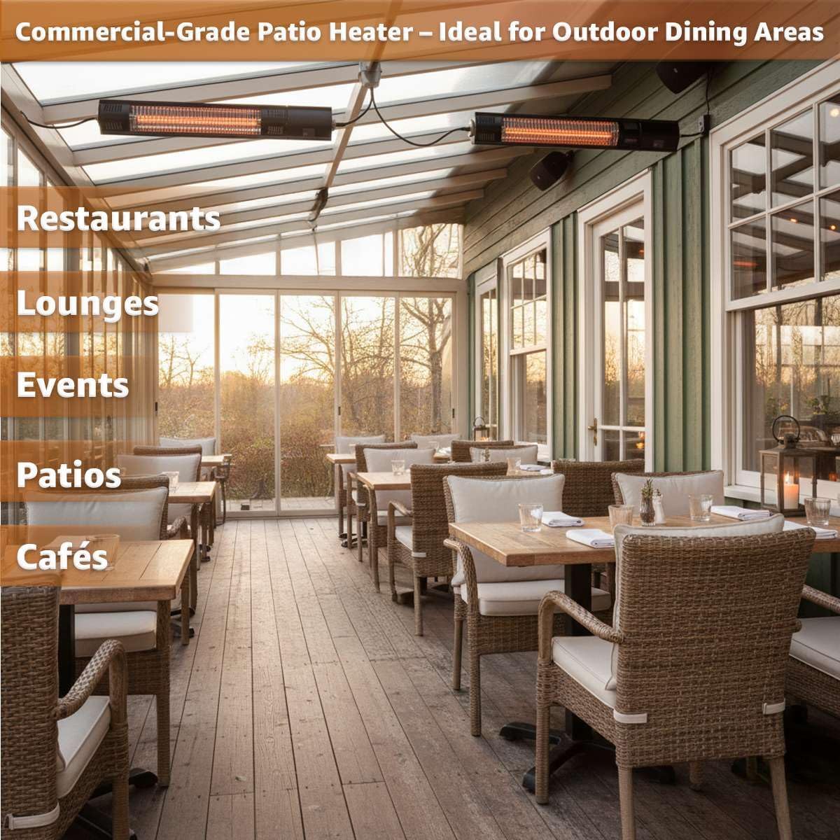 3,000W Silver Commercial Electric Outdoor Patio Heater – 220-240V Double Tube Wall/Ceiling Mount with Remote Control, IP44 Waterproof
