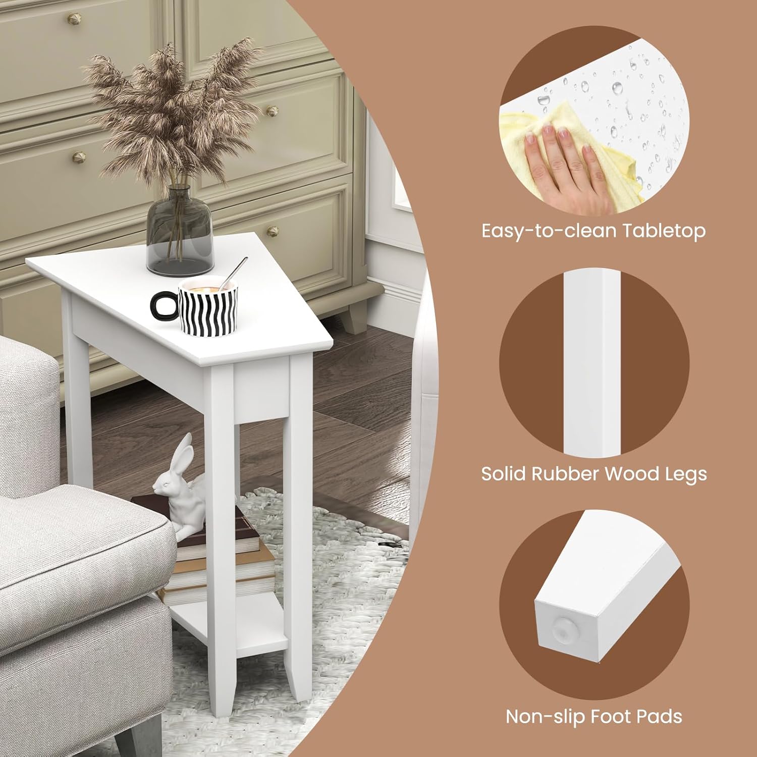 GOFLAME 2-Tier Wedge End Table Set of 2, Narrow Triangle Side Table with Storage Shelf, Solid Wood Legs, Nightstand, Recliner Wedge Table for Living Room, Bedroom, Small Space, White