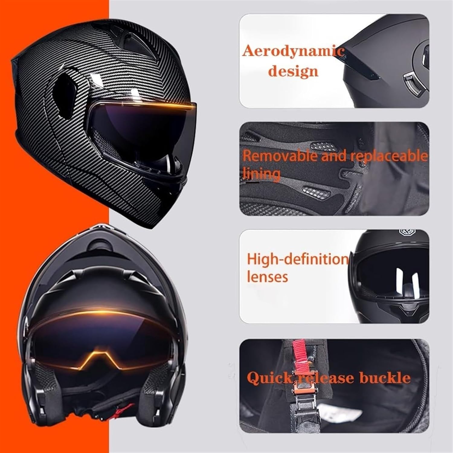 GUENZO helmet highlighting aerodynamic design, removable lining, high-definition lenses, and quick-release buckle