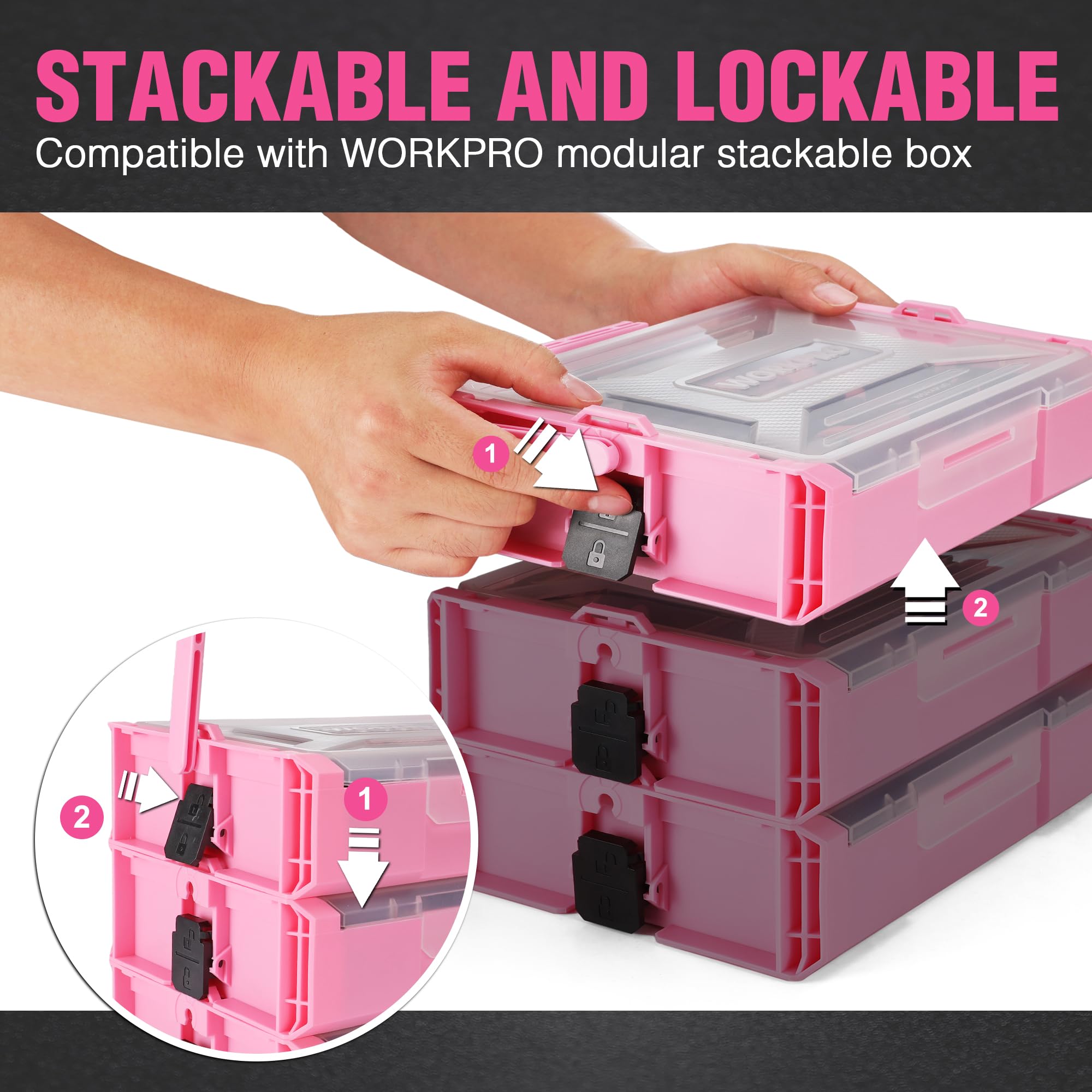 WORKPRO Juego de taladro eléctrico rosa y caja de herramientas apilable, destornillador inalámbrico de 8 V con juego de brocas, kit de destornillador eléctrico inalámbrico de 2.0 Ah con portabrocas