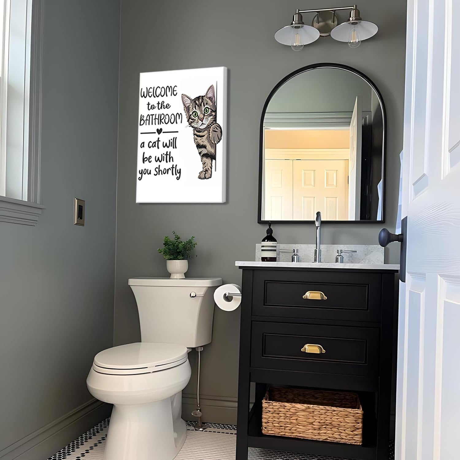 HNNXAR Funny Cat Bathroom Wall Art,Welcome To The Bathroom A Cat Will Be With You Shortly Paintings Posters,Black and White Funny Animal Canvas Pictures Prints Wall Decor 16x24in Framed