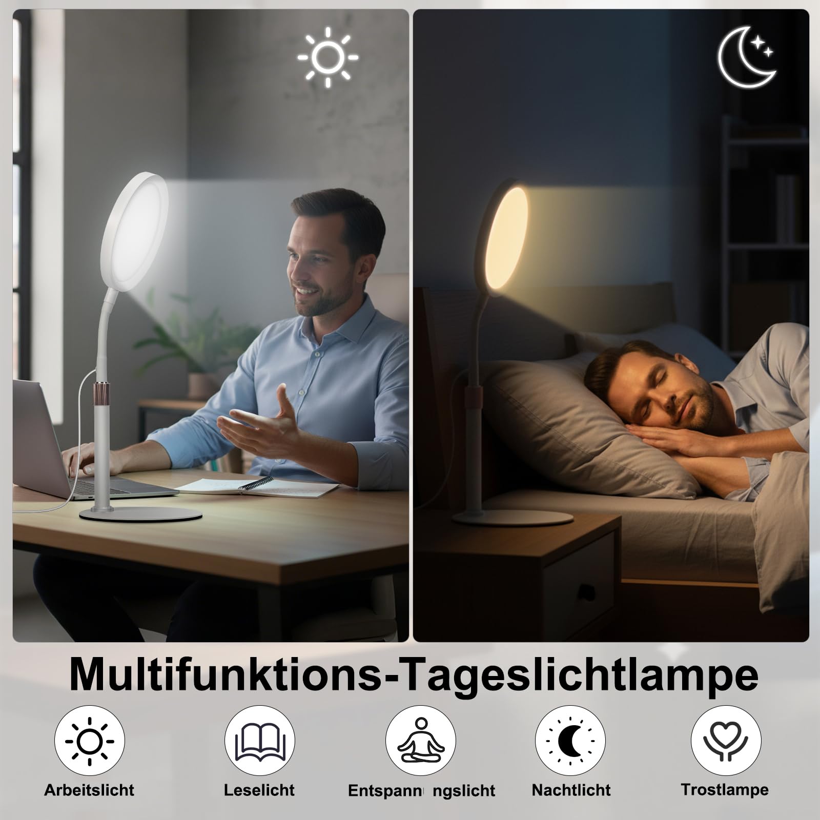 Tageslichtlampe, 10000 Lux, 3 Farbtemperaturen, 9 Helligkeitsstufen und Timer, Ideal für Lesen/Büro/Schlafzimmer (weiß)