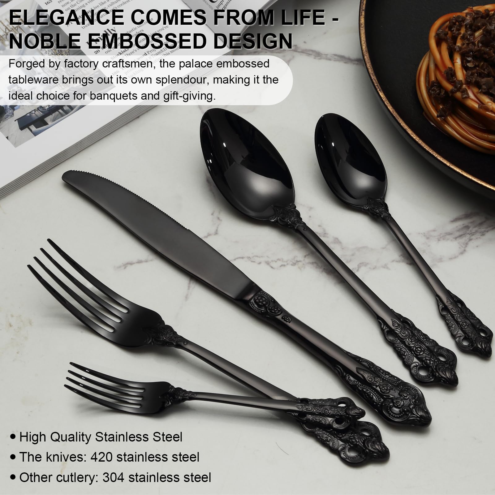 BEWOS 30 Stück Schwarz Mattiert Palast Besteck Set, Hochwertig Edelstahl Besteck, Geprägte Design-Griffe, Bankett Essbesteck, Atemberaubend Poliert & als Geschenk Verpackt, Spülmaschinenfest Küche, Haushalt & Wohnen
